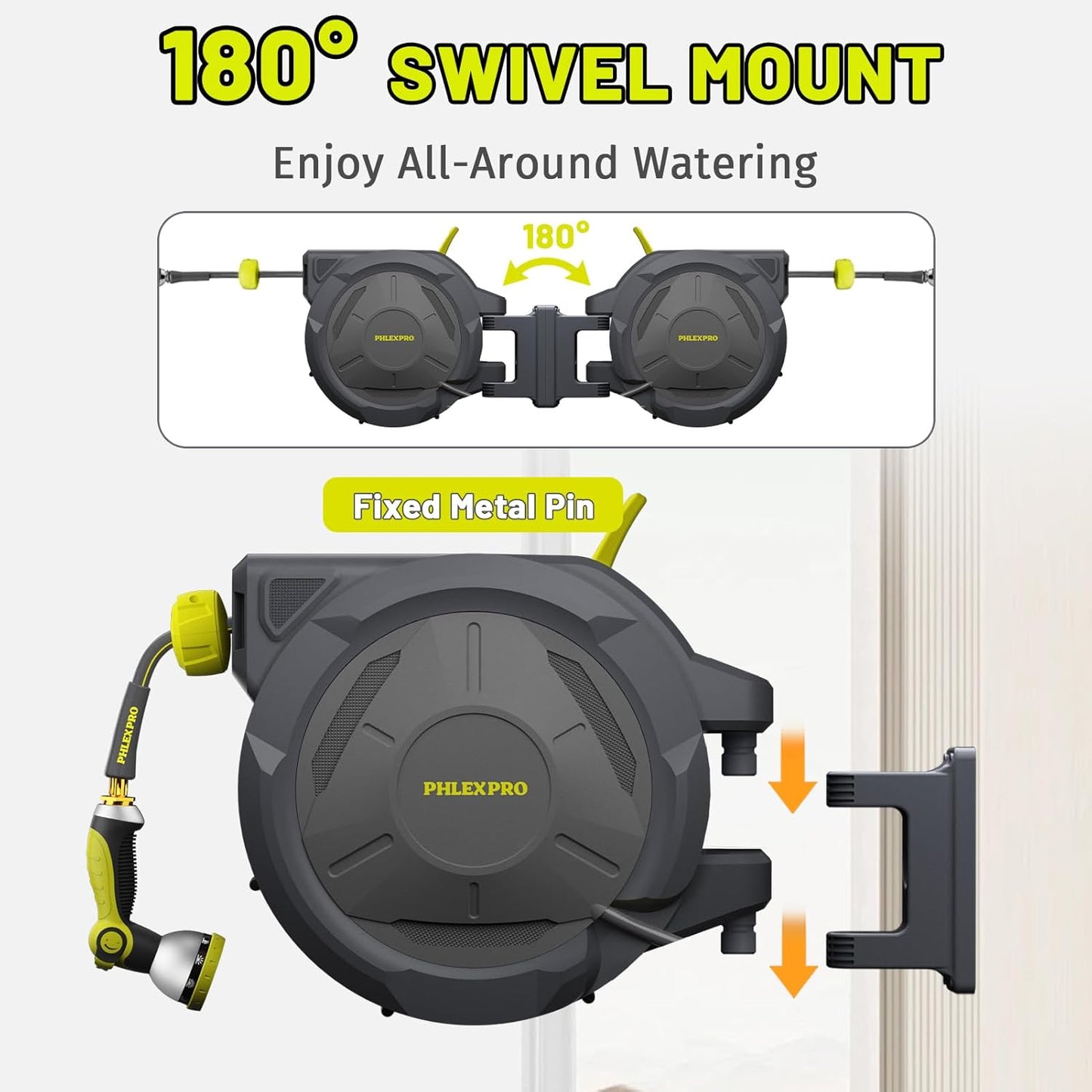 Retractable Garden Hose Reel 160Ft Extra Long, PHLEX PRO Heavy Duty Automatic Water Hose Reel Wall Mounted with 10 Pattern Nozzle, Any Length Lock, Slow Return System, 180ยฐSwivel Bracket