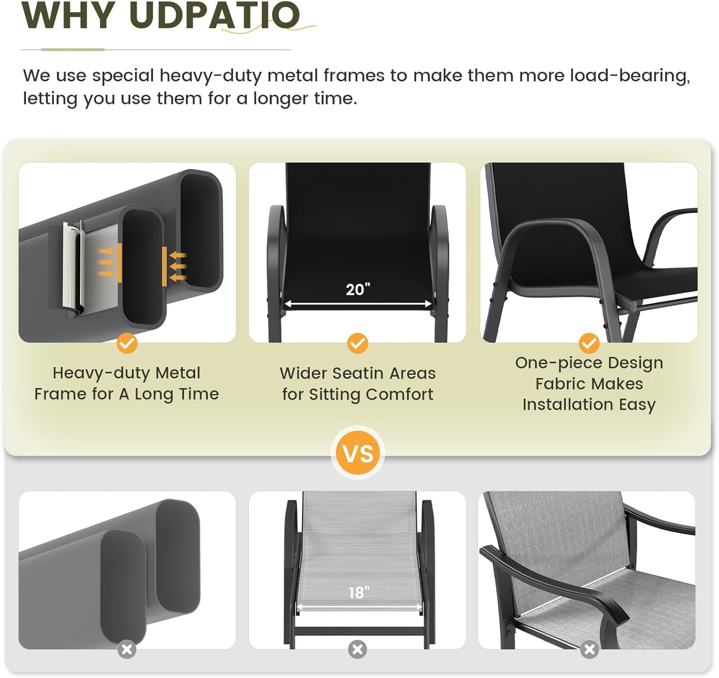 UDPATIO Patio Chairs Set of 8, Stackable Outdoor Dining Chairs with High Back, Breathable Textilene Fabric Outdoor Chair All Weather, 350LBS Capacity for Garden, Backyard (Black)