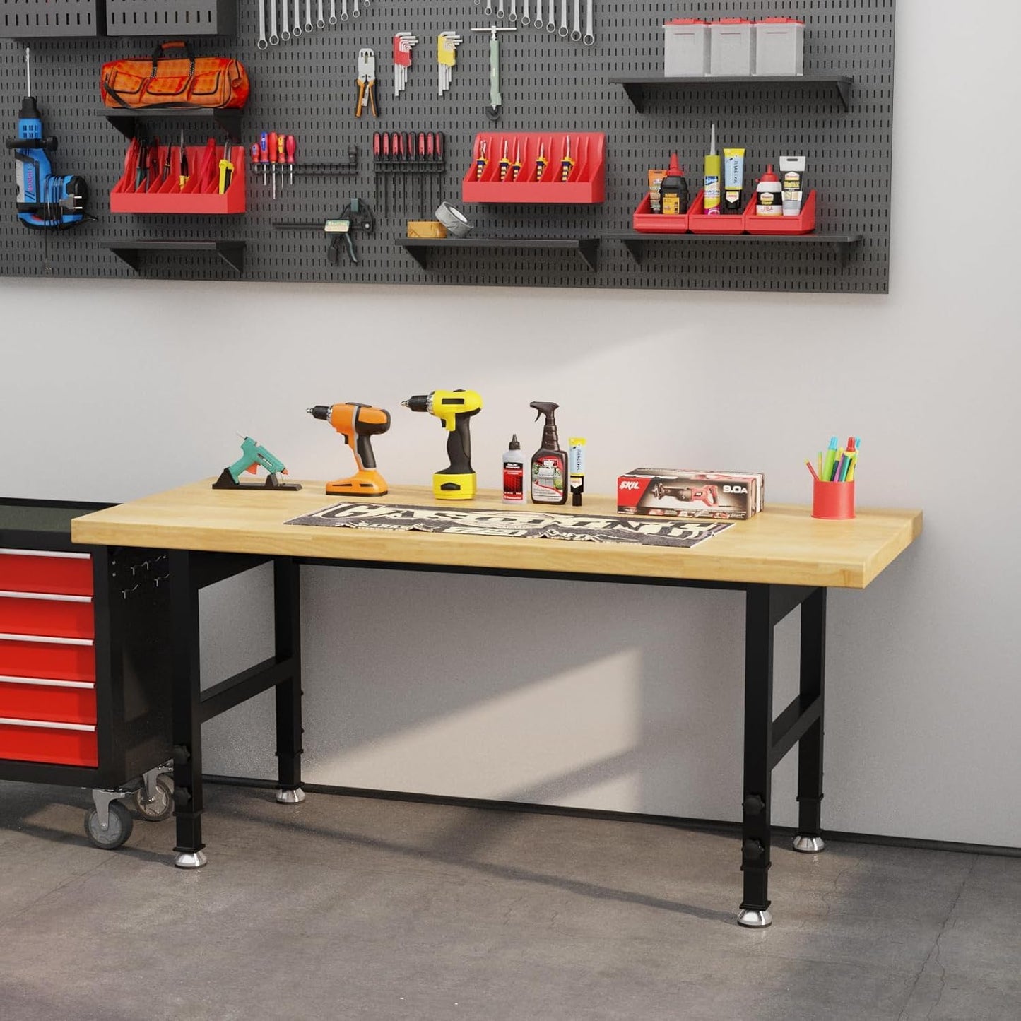 60" Work Bench, Adjustable Height Workbench, Heavy-Duty Thicker Work Table, 2000 LBS Load Capacity Workstation for Garage, Workshop, Office, Home