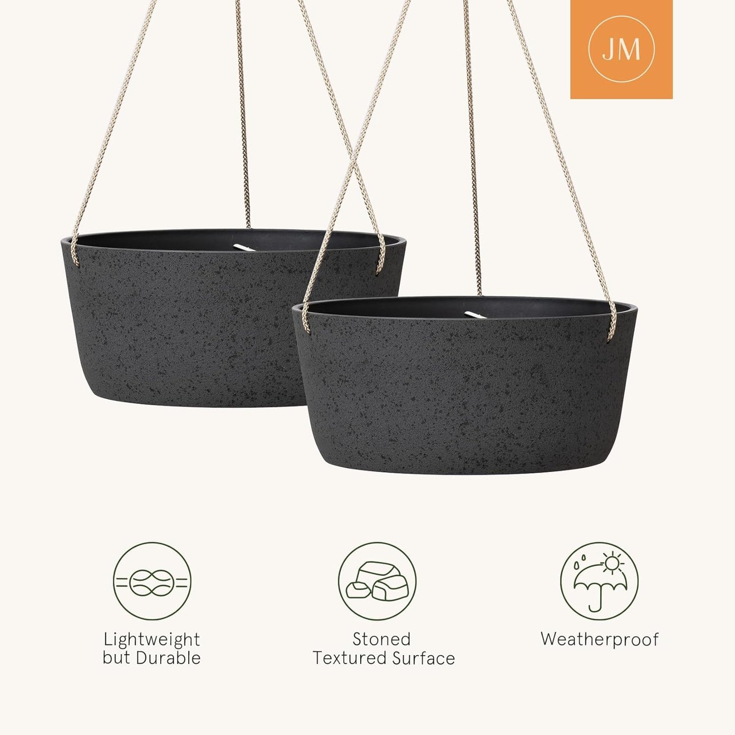 La Jolie Maison Large Hanging Planters - 12 Inch Outdoor Flower Pots, Hanging Garden Planters Set of 2, Black Charcoal