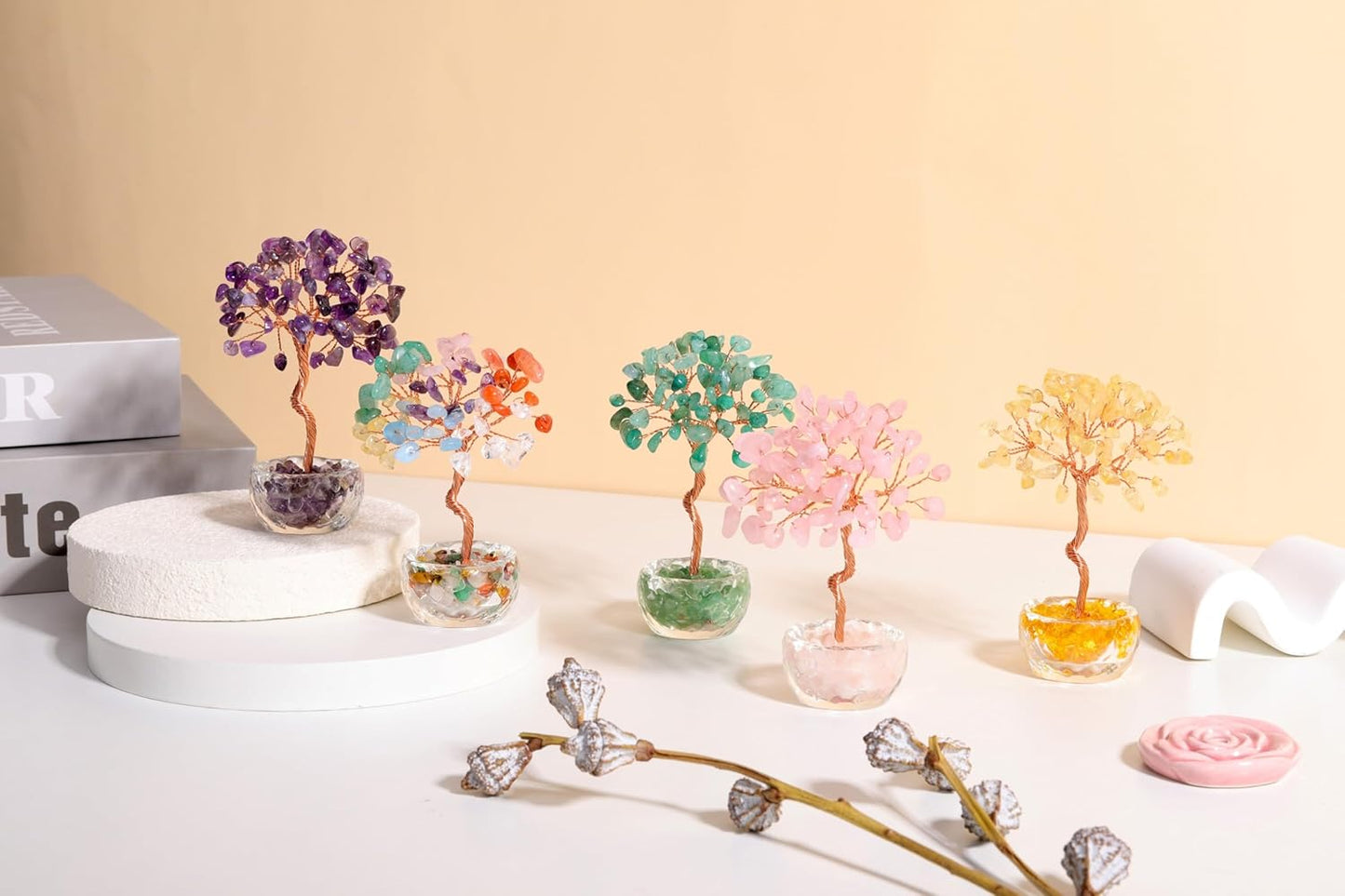 Jovivi Small Green Aventurine Crystal Tree, Natural Crystal Healing Stones Tree Glass Bowl Base Gemstone Money Trees Feng Shui Good Luck Home Desk Decor