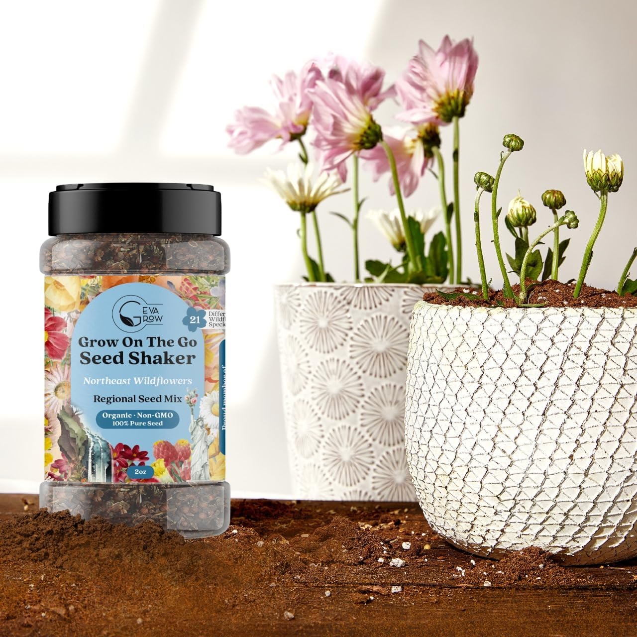 on The Go Regional Wildflower Seed Shaker - Northeast USA Wildflowers - 100% Pure Seed - Organic, Non-GMO - 21 Wildflower Variety Seeds of Annual & Perennial, 2oz