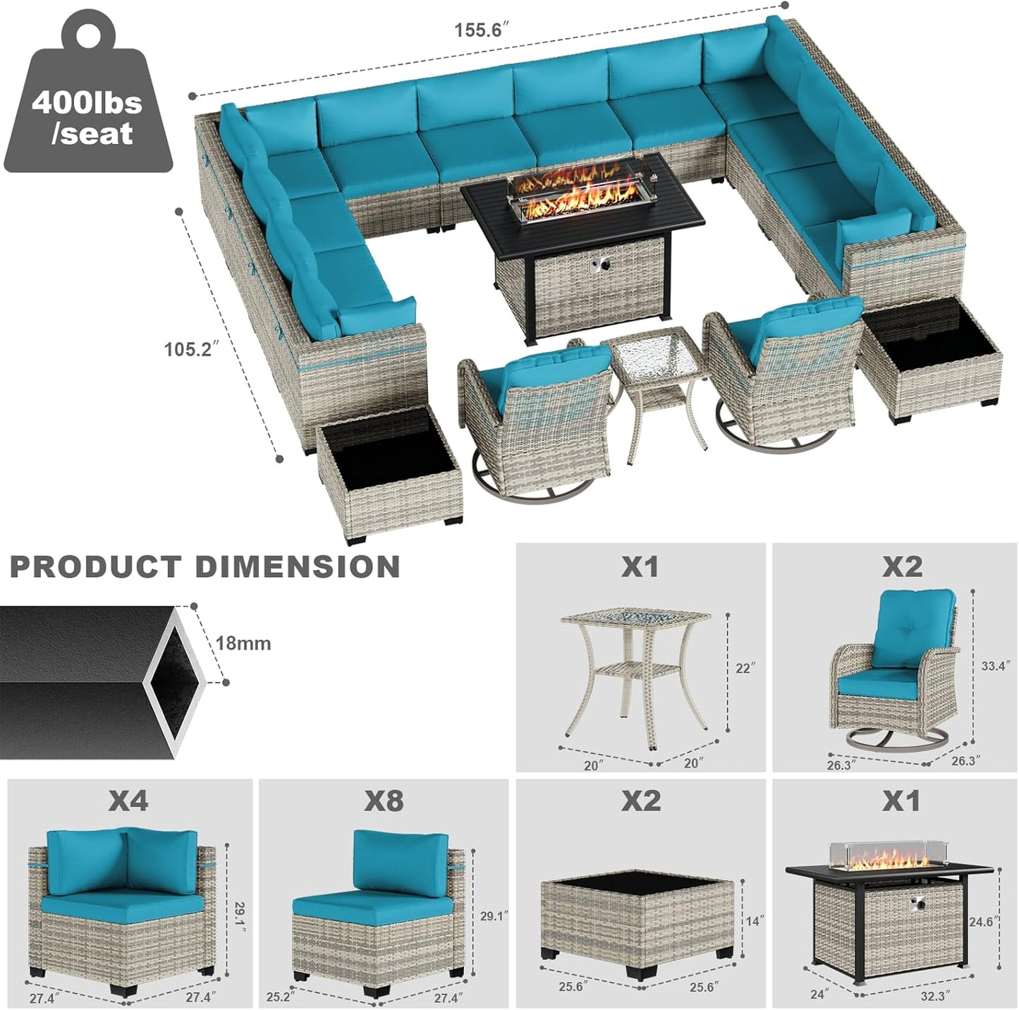 18-Piece Patio Furniture Set, Outdoor Patio Furniture with 55,000 BTU Fire Pit Table, Swivel Chairs Set, Thick Cushions, Modular Patio Sofa, Dual-Strand Wicker Rattan, Rust-Resistant Frame,Lake Blue