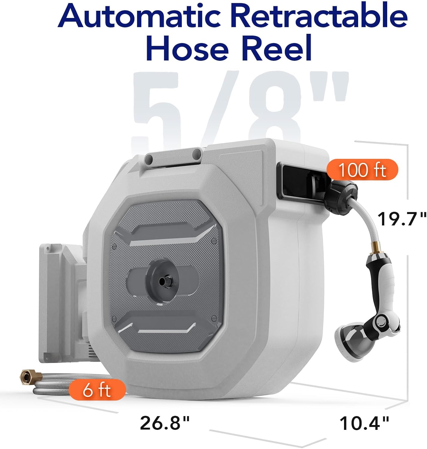 5/8" x 100 ft Heavy Duty Retractable Garden Hose Reel by HOZEREEL, Outdoor Garden Hose Reels - Self Retract Wall Mount Hose Reel Automatic Storage, 10 Pattern Nozzle, Grey