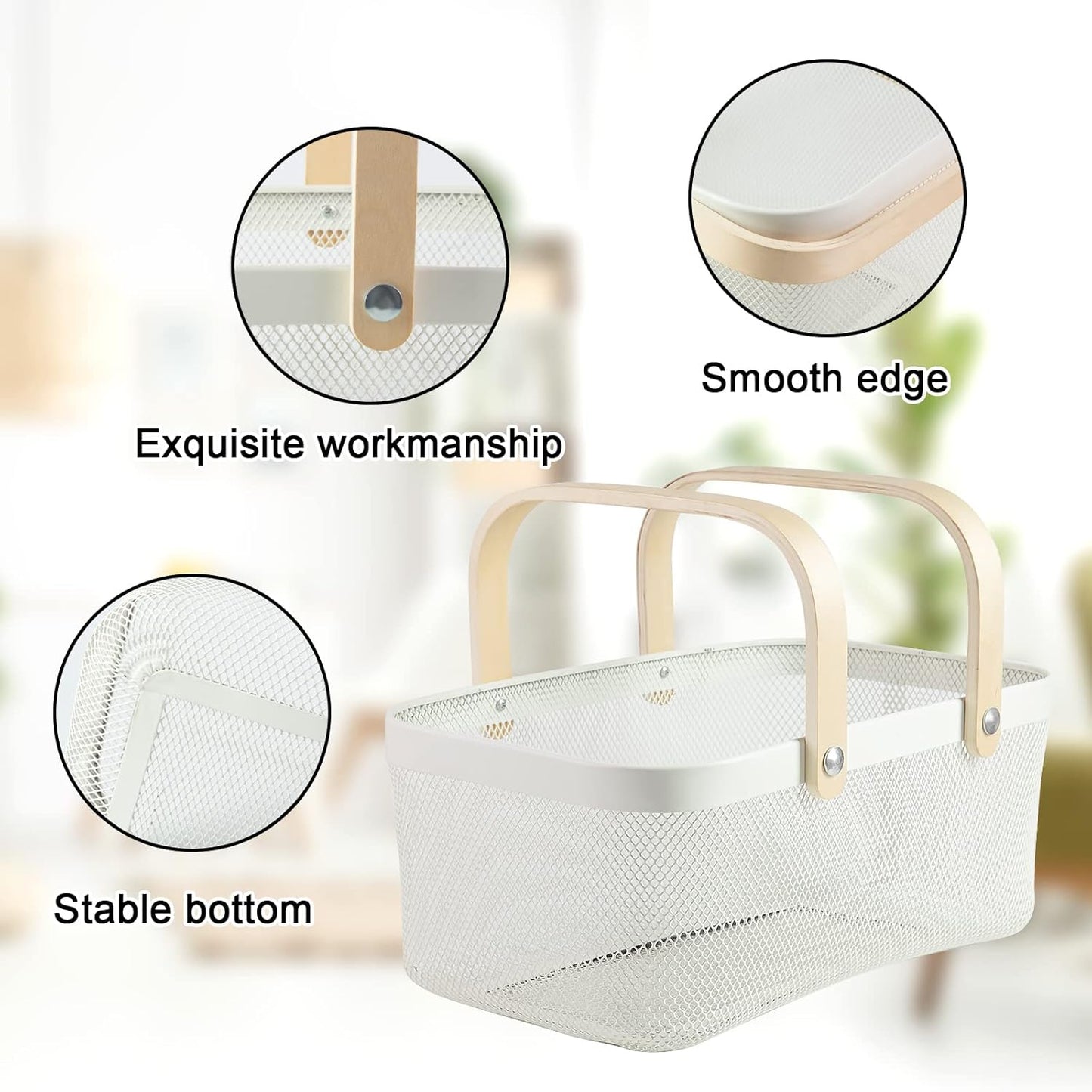 Portable Garden Harvest Basket-Mesh Design Natural Bamboo Handle Wire Storage Baskets,Mesh Basket with Handle Organize Items Reduce Space Occupation,Suitable for Kitchen,Garden,Picnic(White)
