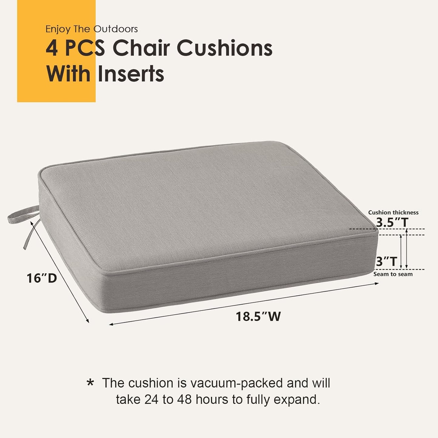 Outdoor Sunbrella Square Corner Seat Cushion, 18.5"x16"x3", Set of 4, Non Slip Outdoor Seat Cushion Pads with Removable Cover for Patio Furniture, Garden Yard Lawn, Specrtum Pebble