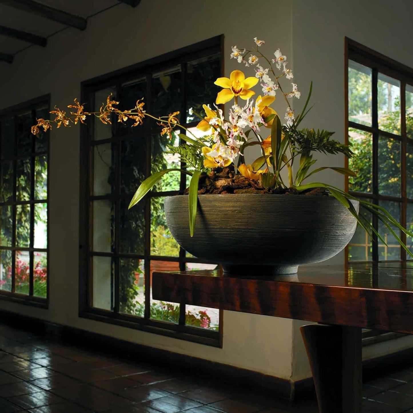 Crescent Garden Large Outdoor Planter Bowl – Double-Walled Resin Pot with Drain Hole for Water Gardens, Fountains, Decorative Landscaping - 30" W x 12" H (Caviar Black)