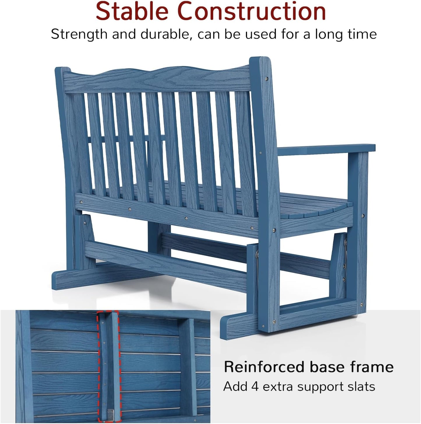 Stoog Outdoor Glider Bench, All-Weather HIPS Patio Glider with 800 lbs Weight Capacity, Never Fade or Rot, Outdoor Rocking Bench Chair for Porch, Backyard, Blue