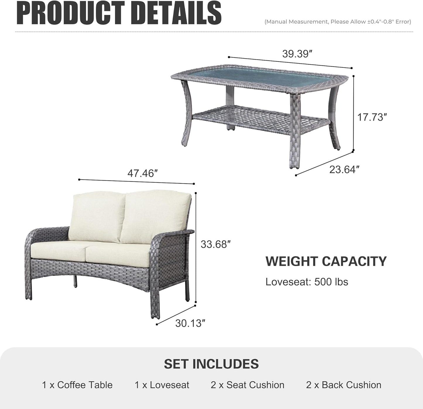 HOOOWOOO Patio Furniture Set,Outdoor High Back Loveseat Set,All Weather Wicker 2-Seater-Sofa Love Seat with Table,Beige