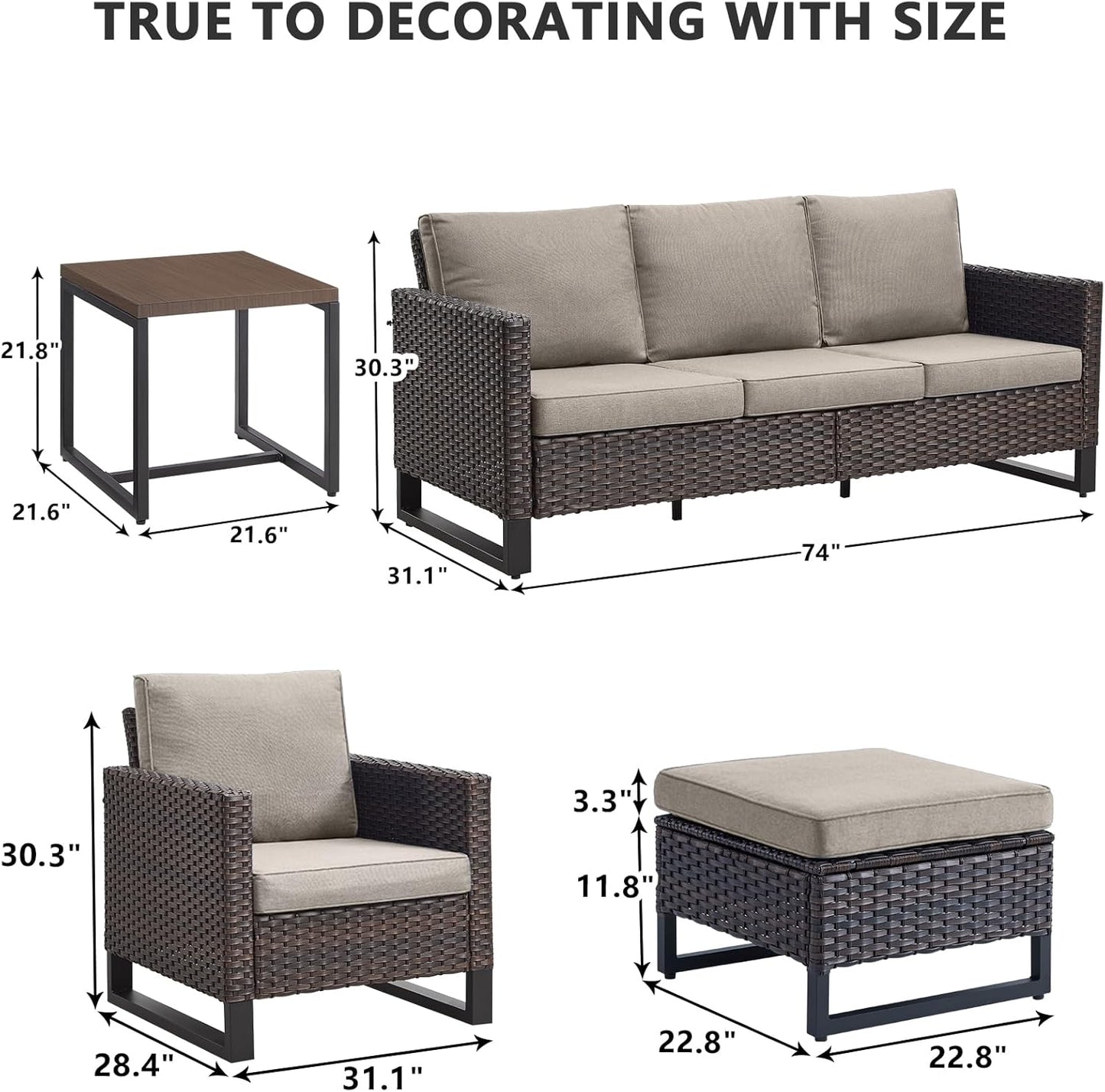 HUMMUH 6 Piece Patio Furniture Outdoor Sectional Sofa Set All-Weather Wicker Outdoor Chairs with End Table Ottomans for Patio,Porch,Garden,Backyard