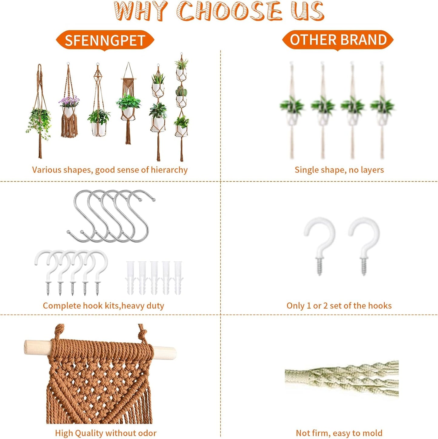 Macrame Plant Hangers, 6Pack Hanging Planters for Indoor Plants w/ 6 Set Hangers Kit Handmade Macromay Plant Hangers Indoor Flower Pots Holder Stand for Boho Home Décor (POTS NOT Included)