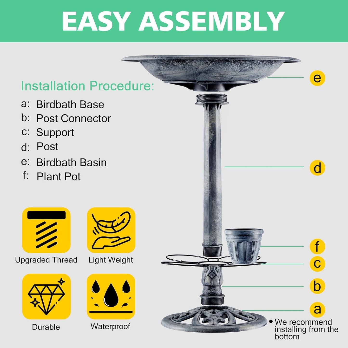 Bird Bath for Outside with 4 Removable Flower Planters 28in Polyresin Lightweight Vintage Birdbath for Outdoors Stake Standing Bowl and Water Feeder Yard Garden Decor Gray