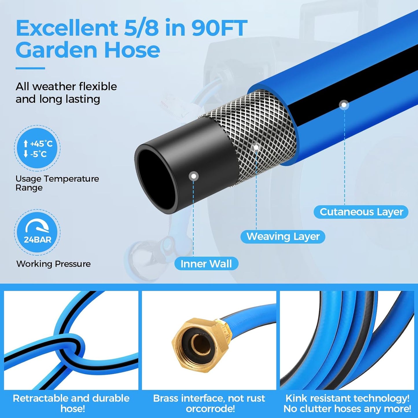 Retractable Garden Hose Reel, 5/8" x 90FT Automatic Retractable Water Hose Reel Wall Mount, with 10- Function Sprayer Nozzle, Any Length Lock/Auto Rewind/180°Swivel