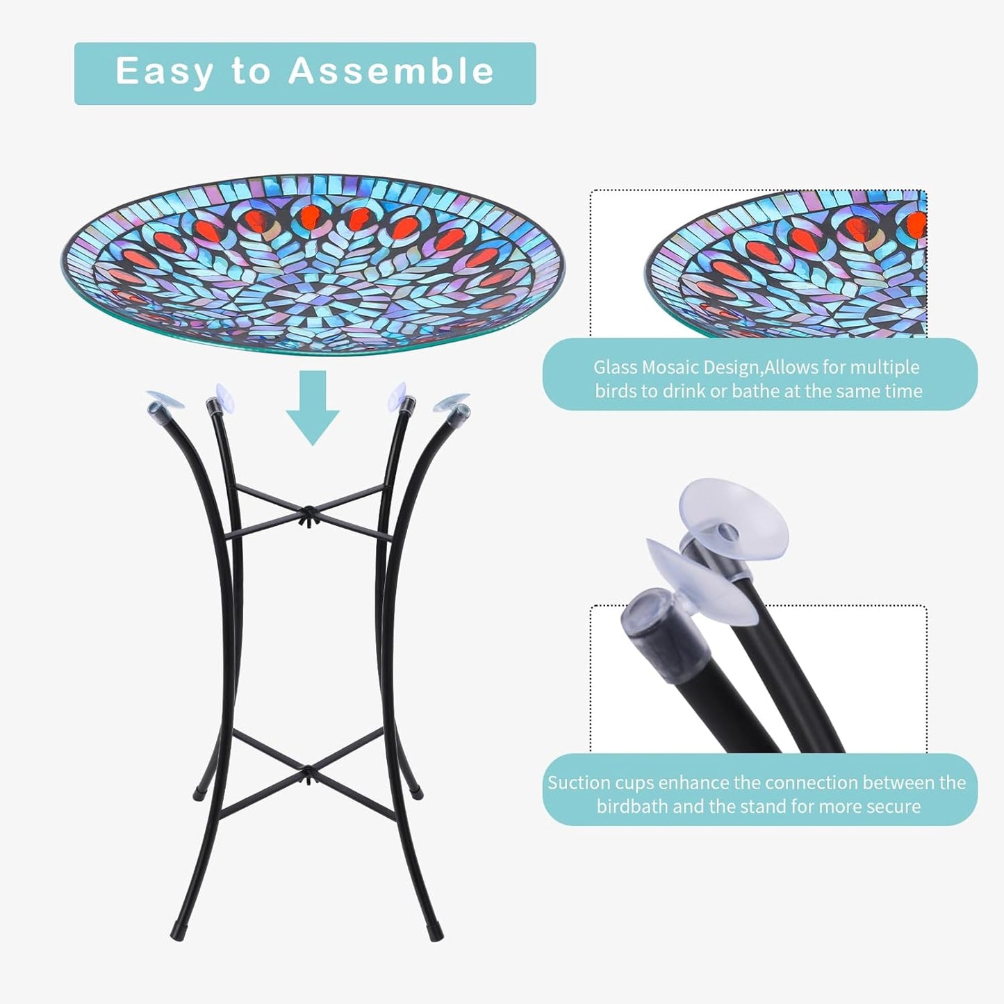 VCUTEKA Mosaic Bird Bath, Glass Birdbath Detachable with Metal Standing for Outdoor Patio Garden Backyard Décor
