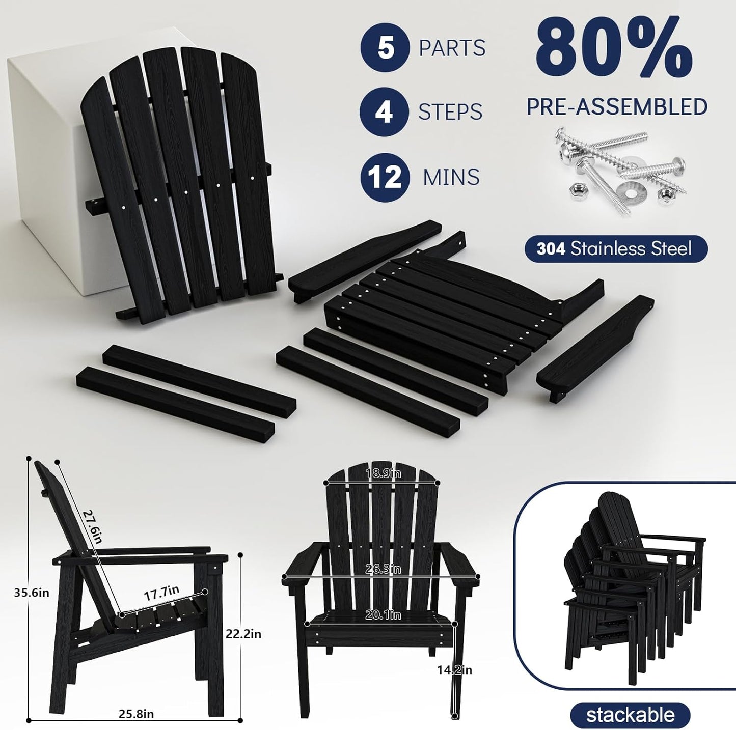 Stackable Adirondack Chair Set of 4, HDPE Outdoor Patio Chair - Durable and Space Saving, Suitable for Porches, Lawns or Garden, Black
