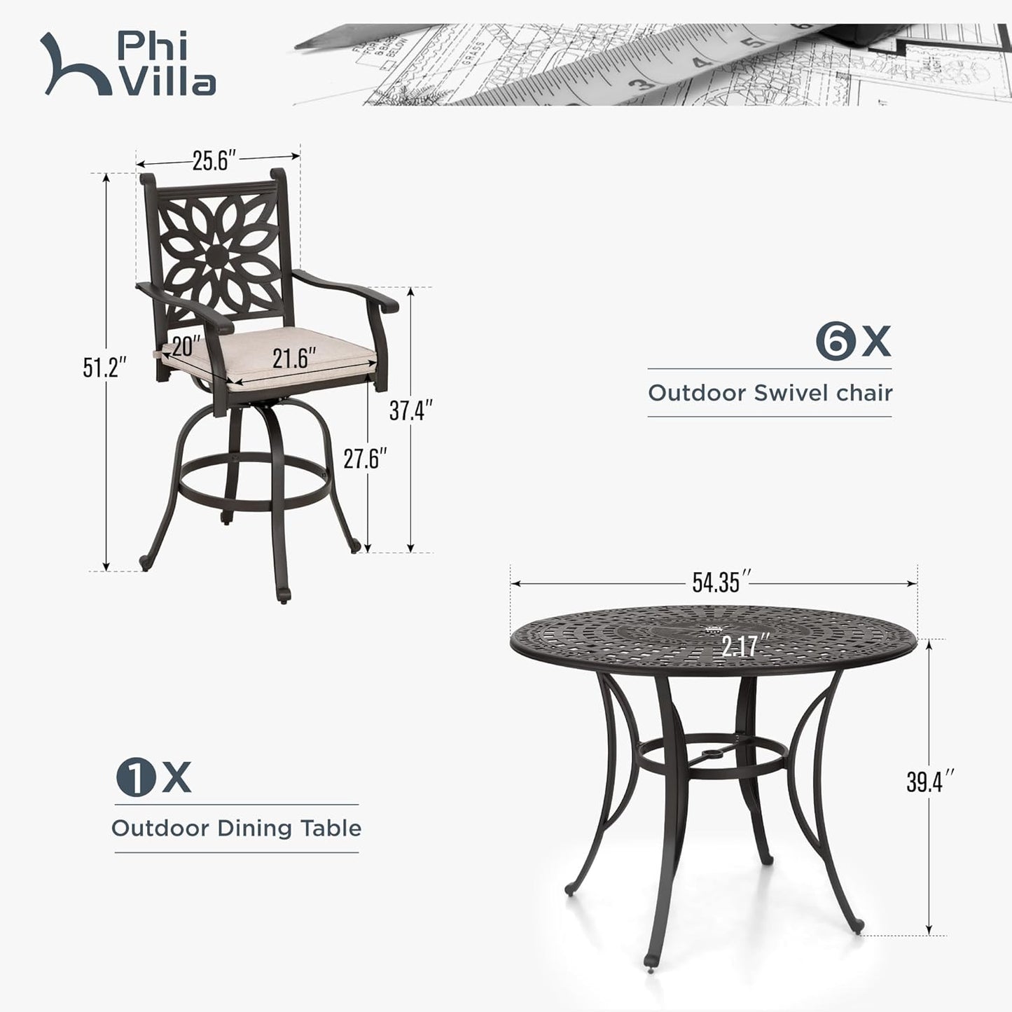 PHI VILLA 7 PCS High Bar Patio Dining Set, Cast Aluminum Outdoor Bar Set for 6 with 54" Round Bar Table and 6 Outdoor Swivel Bar Stool Chairs with Seat Cushion