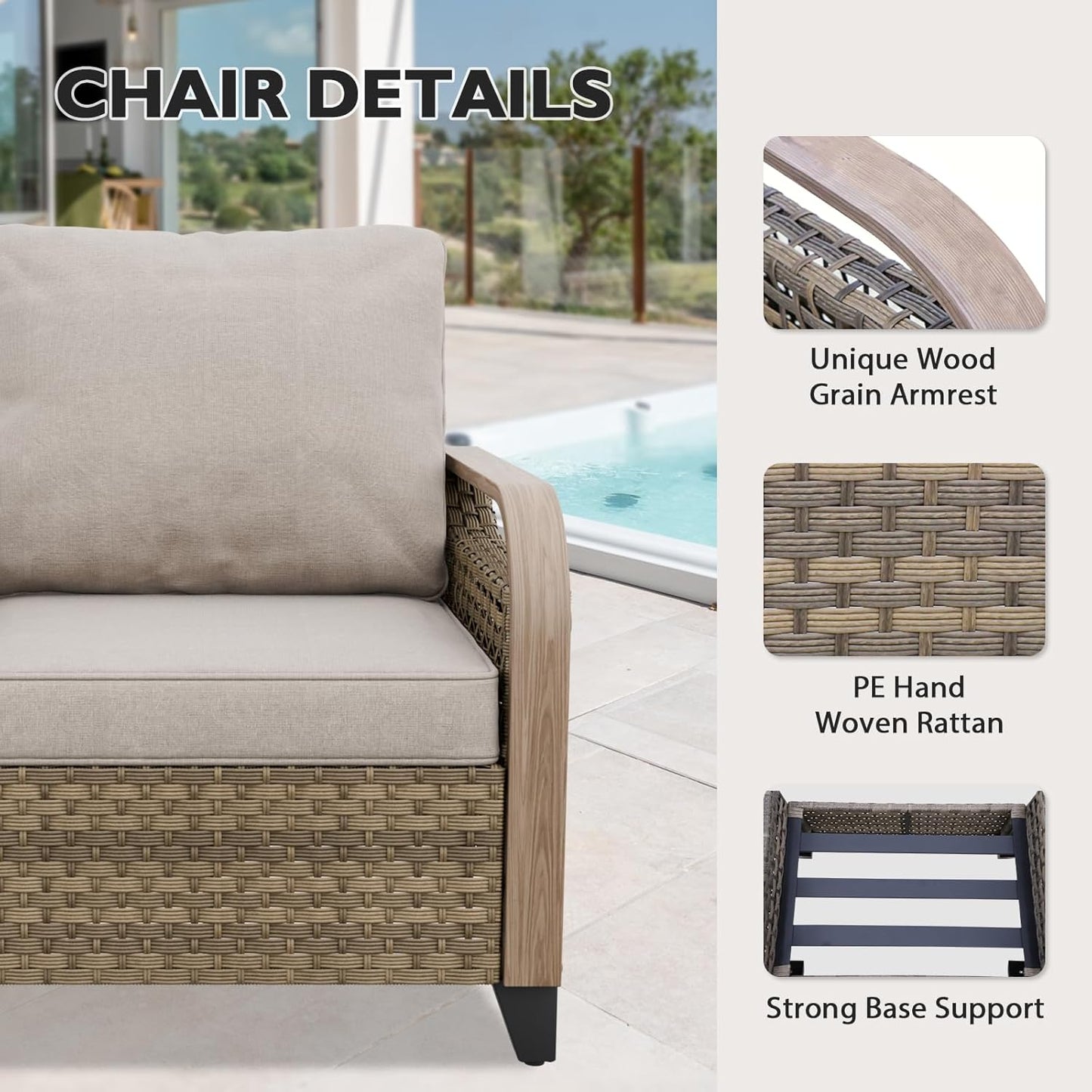 EAGLE PEAK Modern Wicker Outdoor Chair, Patio Chair Curved Armrest, Rattan Patio Furniture for Yard Deck Porch Garden, 2 Chairs 2 Ottomans, 4 Pieces, Brown/Gray