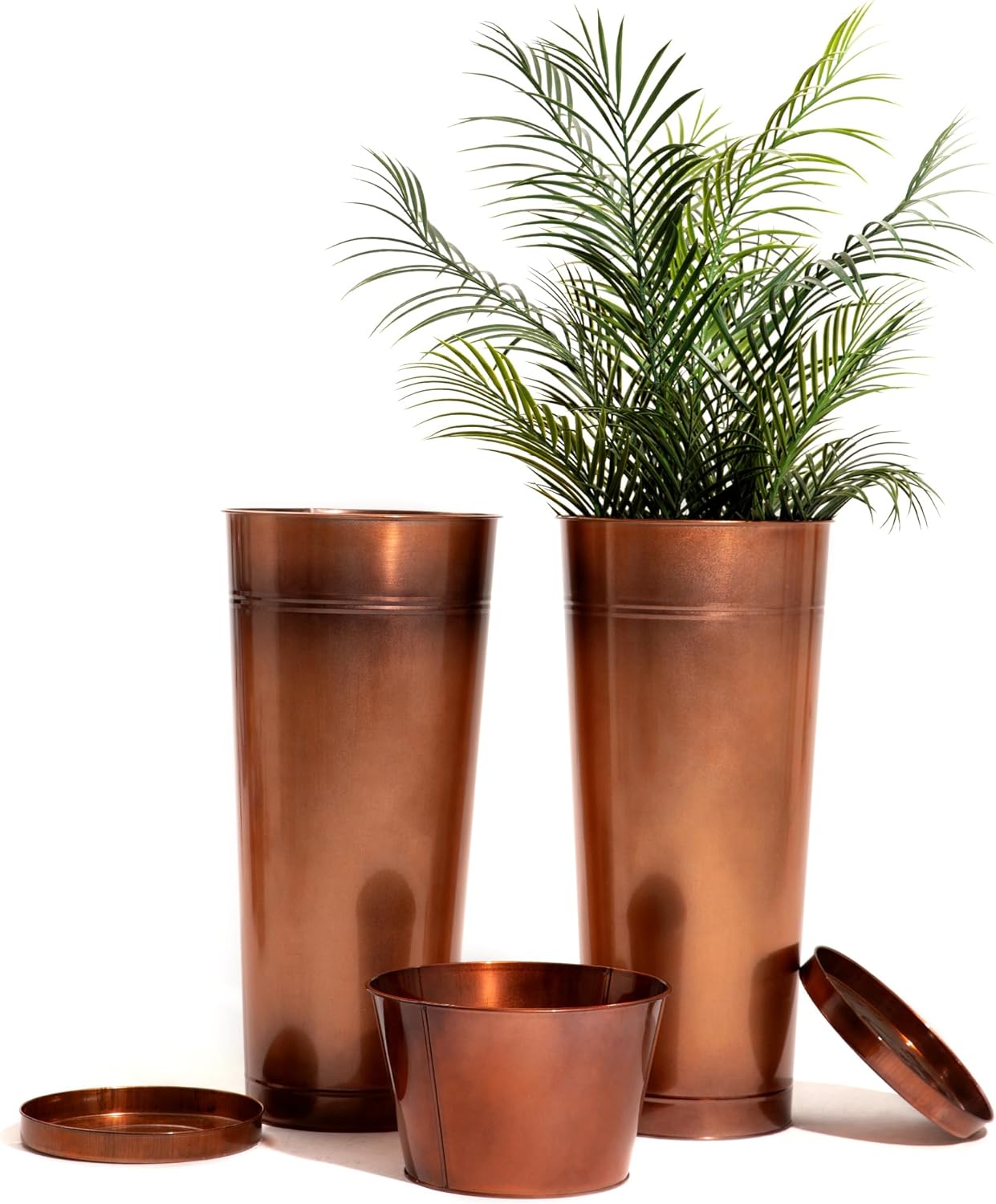 28in Tall Antique Copper Metal Vintage Planter Set of 2,Galvanized Steel Planter Pots for porches/Indoor/terraces Patio- Copper Color(2planters,2inner pots with Holes, 2trays)