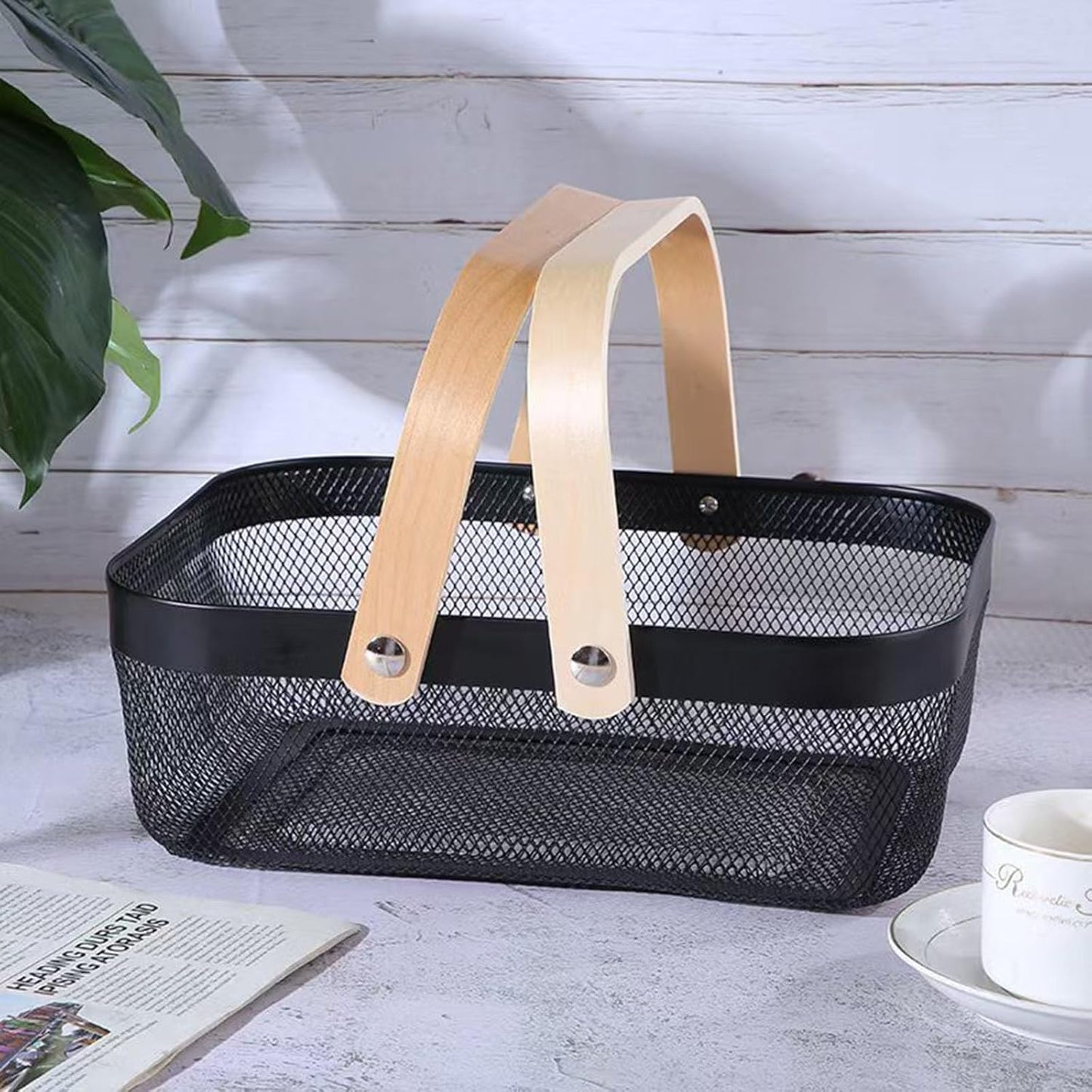 Metal Mesh Steel Basket, Storage Organizer Basket Garden Harvest Basket Multi-functional Kitchen Fruit Baskets Bin with Wooden Handle for Bathroom Picnic Shopping Decor Cabinet Home, Black