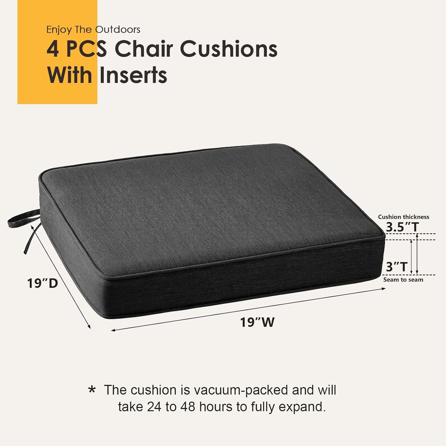 Outdoor Square Corner Seat Cushion, 19"x19"x3", Set of 4, Non Slip Seat Cushion Pads with Removable Cover for Patio Furniture, Garden Yard Lawn, Charcoal Gray