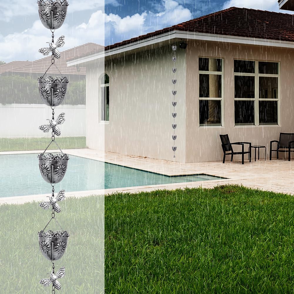 7.8 FT Rain Chain, Metal Rain Gutter Chains with 10 Cups & Detachable Bees Decor, Adjustable Rain Catcher Chain with Bell for Eaves Drainage, Replacement for Downspout