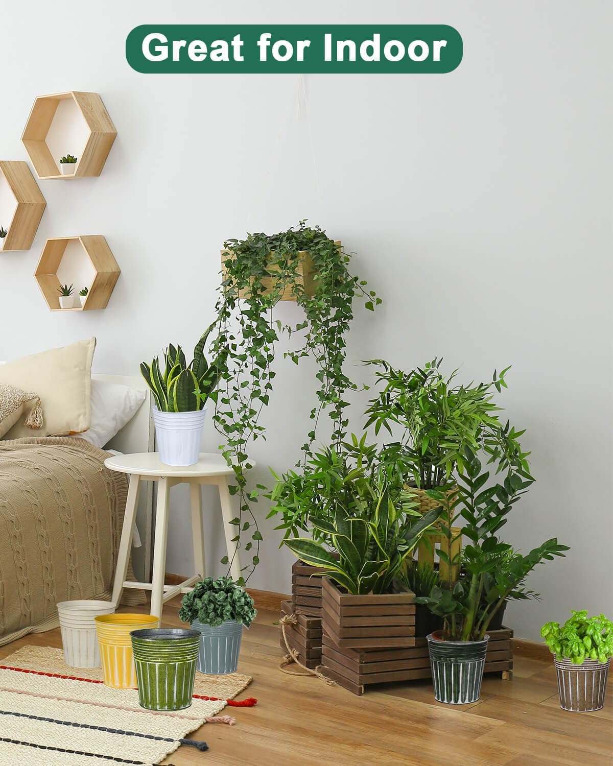 vensovo 6 Inch Dark Green Metal Rustic Flower Pots - 6Pcs Medium Galvanized Planters with Drainage Hole and Rubber Plug, Rustproof Metal Bucket Plant Pots Farmhouse Vintage Style for Decor