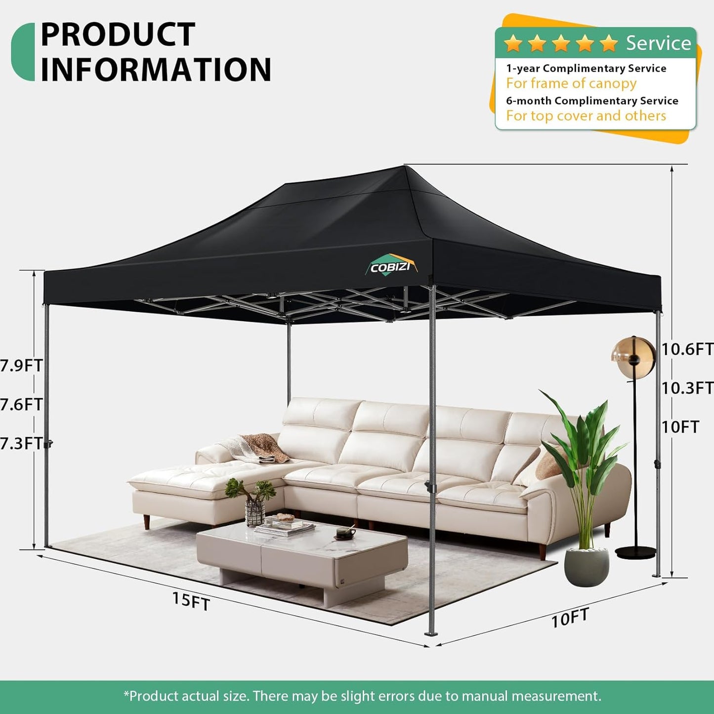 COBIZI 10x15 Pop up Canopy Heavy Duty Without Sidewalls, Easy Set-up Commercial Outdoor Party Canopy, 100% Waterproof Wedding Gazebo, 3 Height Adjustable with Handbag, Black