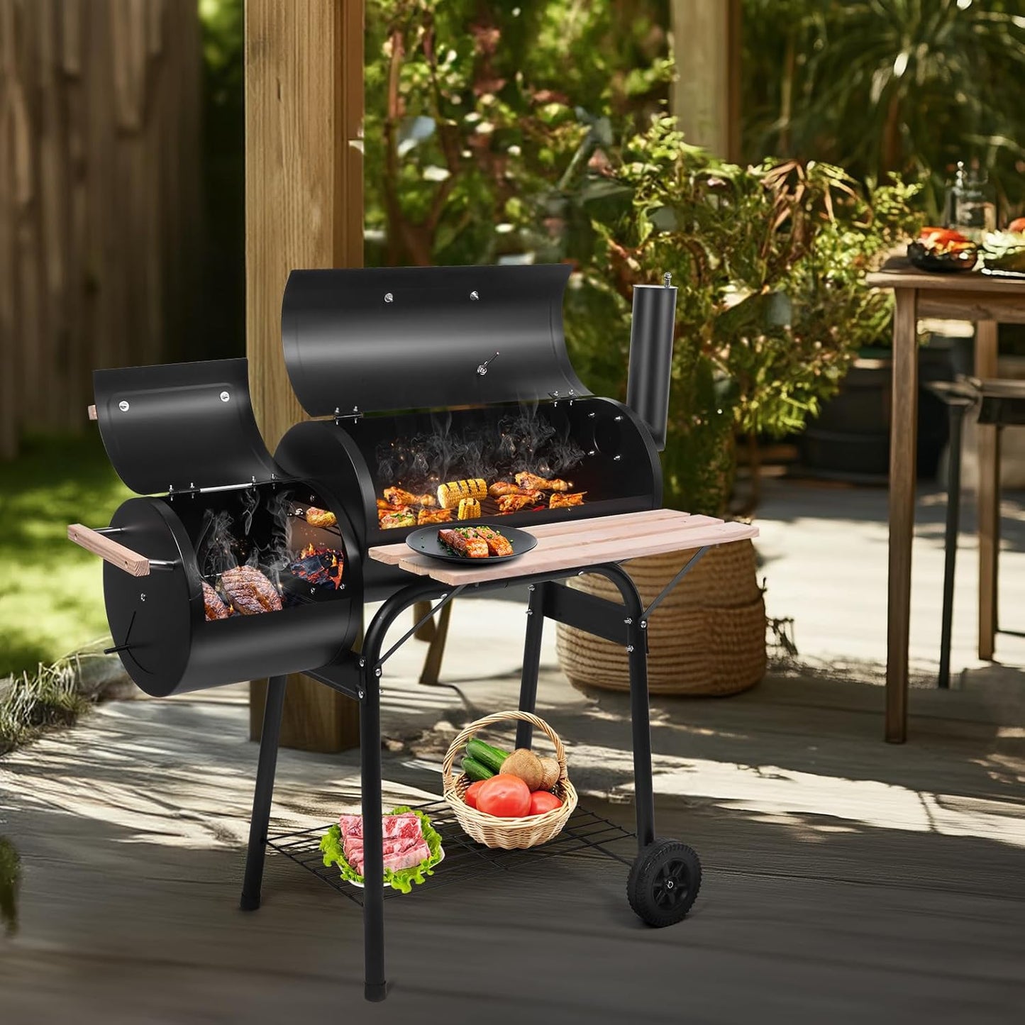 Outvita BBQ Charcoal Grill, Outdoor Patio Barbecue Cooker with Offset Smoker, Wheels and Tray for Balcony Picnics, Party and Camping