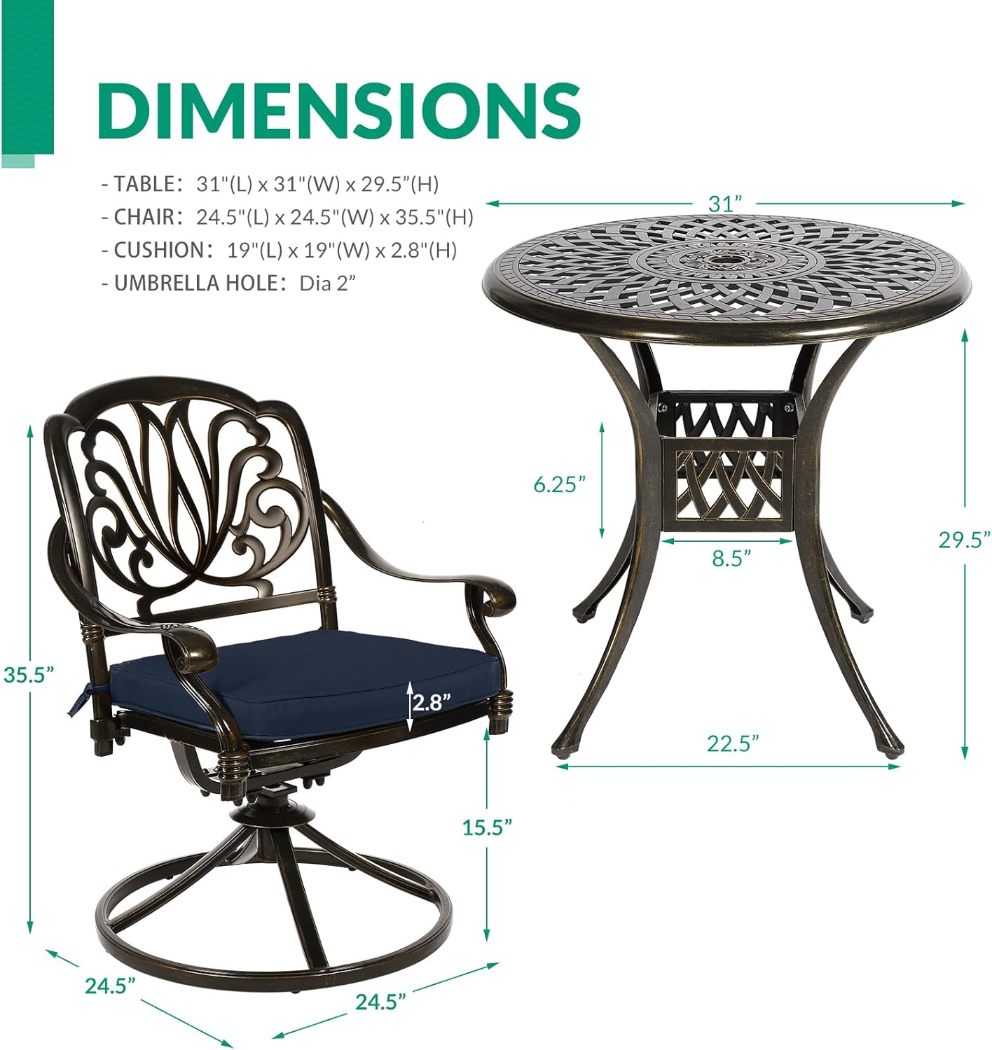 VIVIJASON 3-Piece Patio Furniture Dining Set, Outdoor All-Weather Cast Aluminum Bistro Set, Include 2 Swivel Chairs and 31" Round Table w/Umbrella Hole for Balcony, Lawn, Garden (Navy Blue Cushion)
