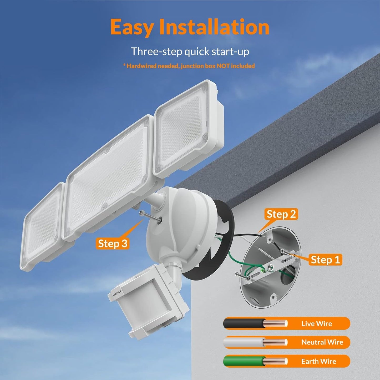 LEPOWER LED Security Lights Motion Sensor Light Outdoor, 38W 4200LM Light, 5500K, IP65 Waterproof, 3 Head Detected Flood Light for Garage, Yard, Porch (White)