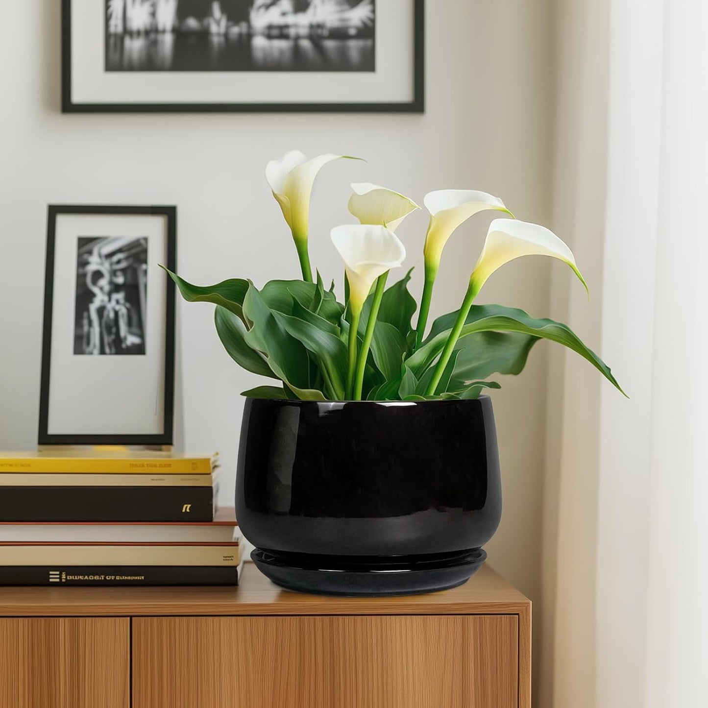 G EPGardening Ceramic Plant Pots - 9 Inch Round Planter, Ceramic Pots for Plants with Drainage and Tray, Flower Indoor Outdoor Planter, Modern Desk Decor, Plant Lover Gifts, Black