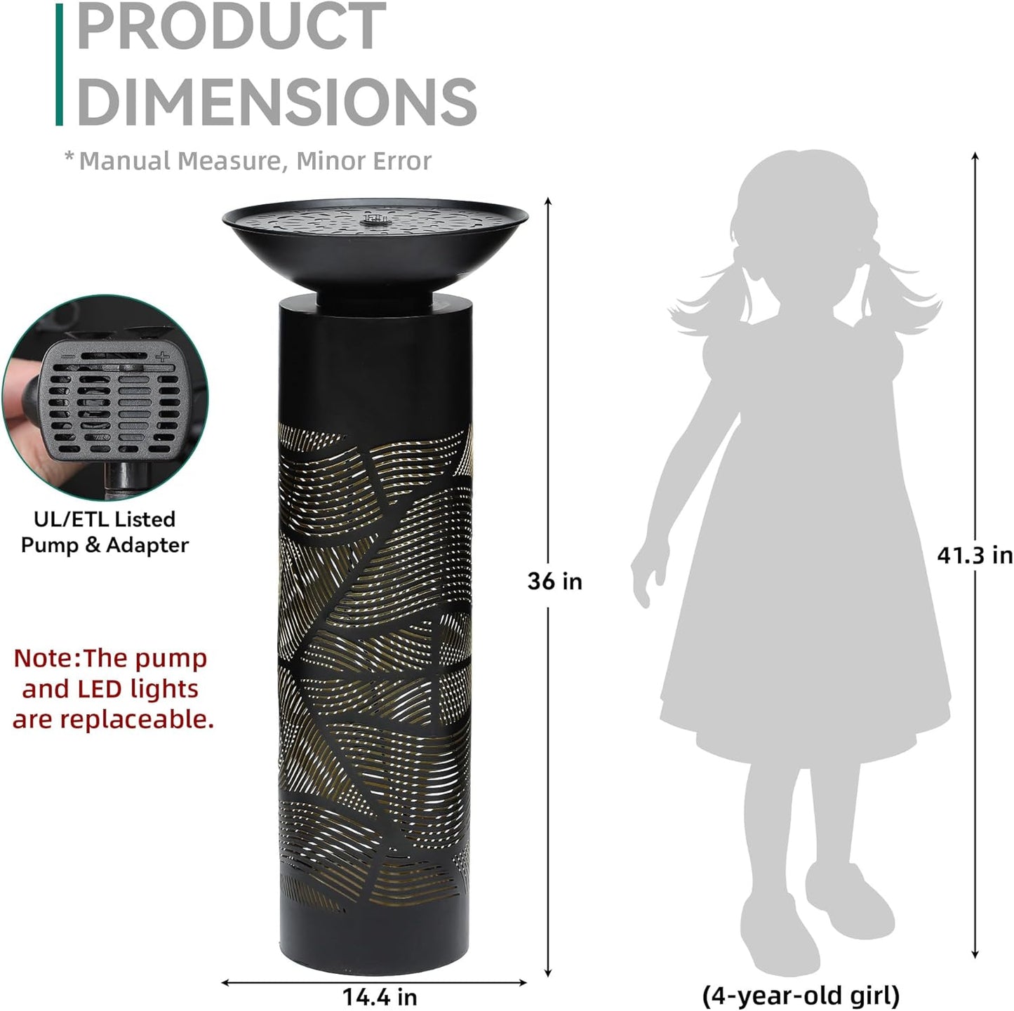 31.5" H Metal Cutout Geometric Patterns Outdoor Water Fountain with LED Lights, 2-Tier Modern Pedestal Waterfall Fountains, Ideal for Garden, Yard, Patio Décor