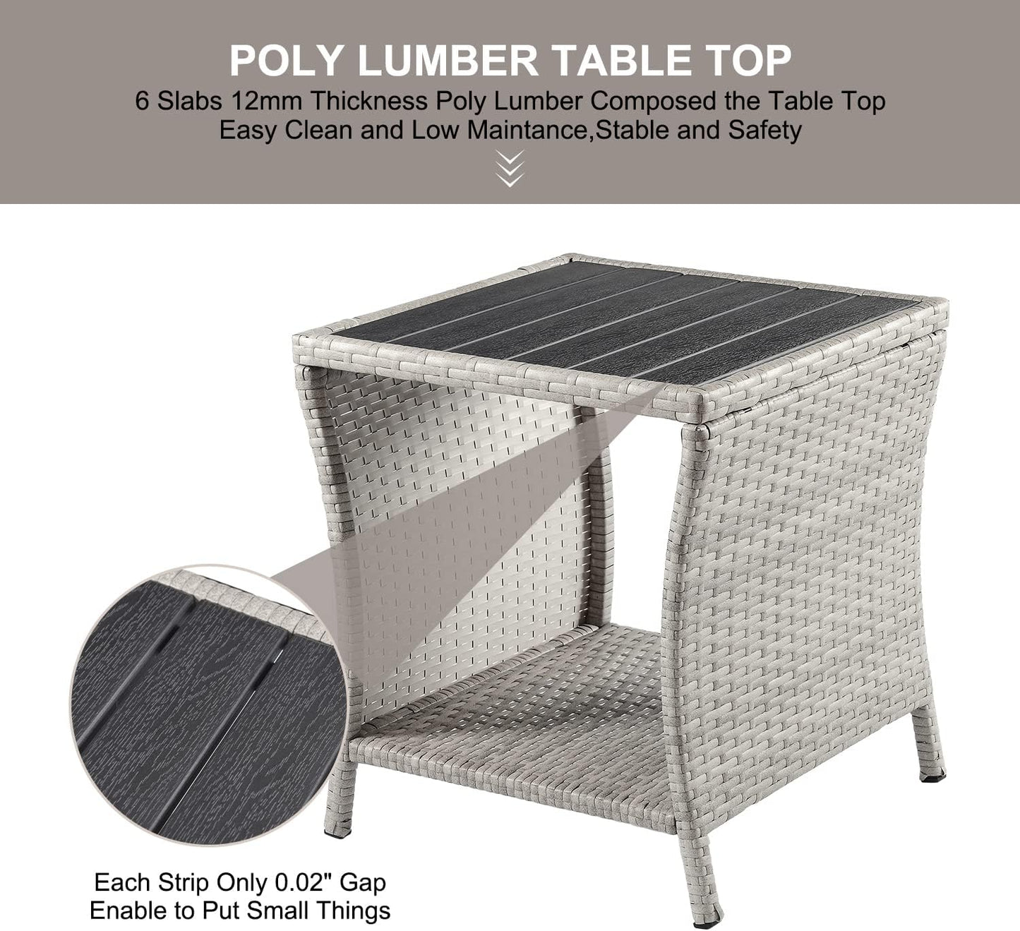 Outdoor Side Table for Patio Small Rattan Wicker Coffee Table Balcony Table Outside End Table with Poly Lumber Table Top & Storage Bistro Table for Garden Porch Deck Living Room Backyard Grey