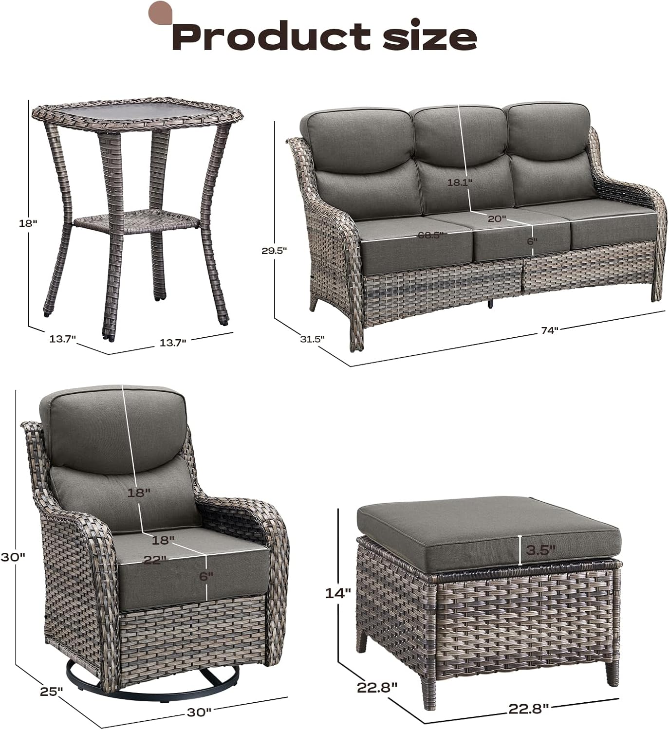 Wicker Outdoor Patio Furniture Set - 6 Piece Patio Conversation Sets with Swivel Rocker Chairs, Ottomans, Sofa and Side Table, 6 inch Cushions, Waterproof Wicker, for Porch Deck Mixed Grey/Grey
