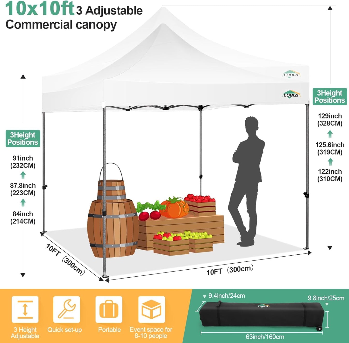 COBIZI 10x10 Pop Up Canopy Tent with 4 sidewalls Commercial Heavy Duty Canopy UPF 50+ All Weather Waterproof Outdoor Canopy Wedding Tents for Parties Gazebo with Roller Bag, White (Windproof Upgraded)