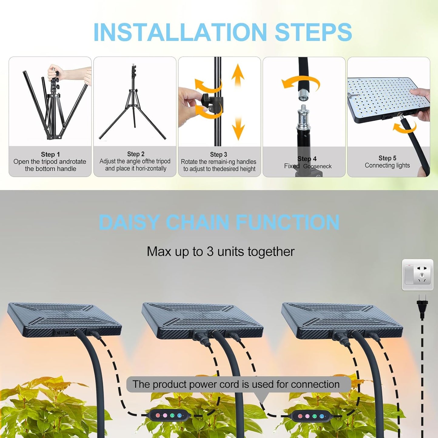 25W Grow Lights for Indoor Plants, Seed Starting, Bonsai with Stand and Timer Auto On/Off, 2500 Lumen Enough Bright Like A Small Sun for Your Jungle, Daisy Chain Function, 40"-64" Height Adjustable