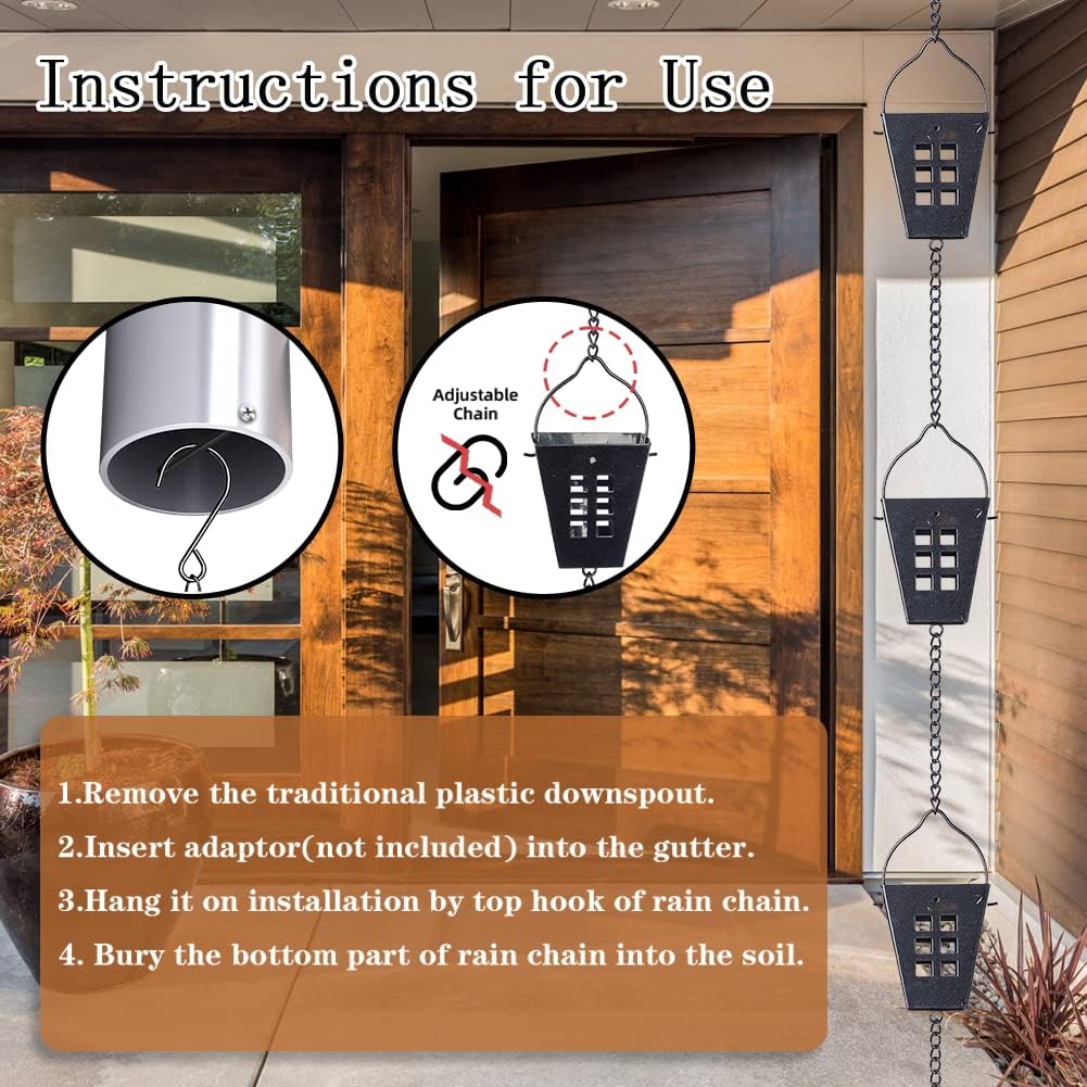Square Rain Chain, 10 Ft Black Rain Gutter Chains with 12 Cups, Adjustable Rain Catcher Chain with Bell for Eaves Drainage, Outdoor Replacement Downspout for Gutters