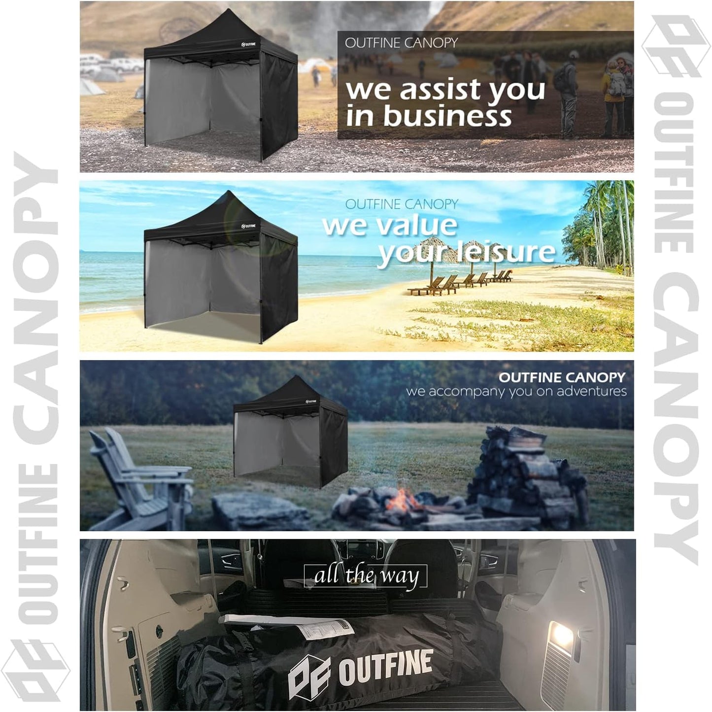 OUTFINE Heavy Duty Canopy 10x10 Pop Up Commercial Canopy Tent with 3 Side Walls Instant Shade, Bonus Upgrade Roller Bag, 4 Weight Bags, Stakes and Ropes (Black, 10 * 10FT)