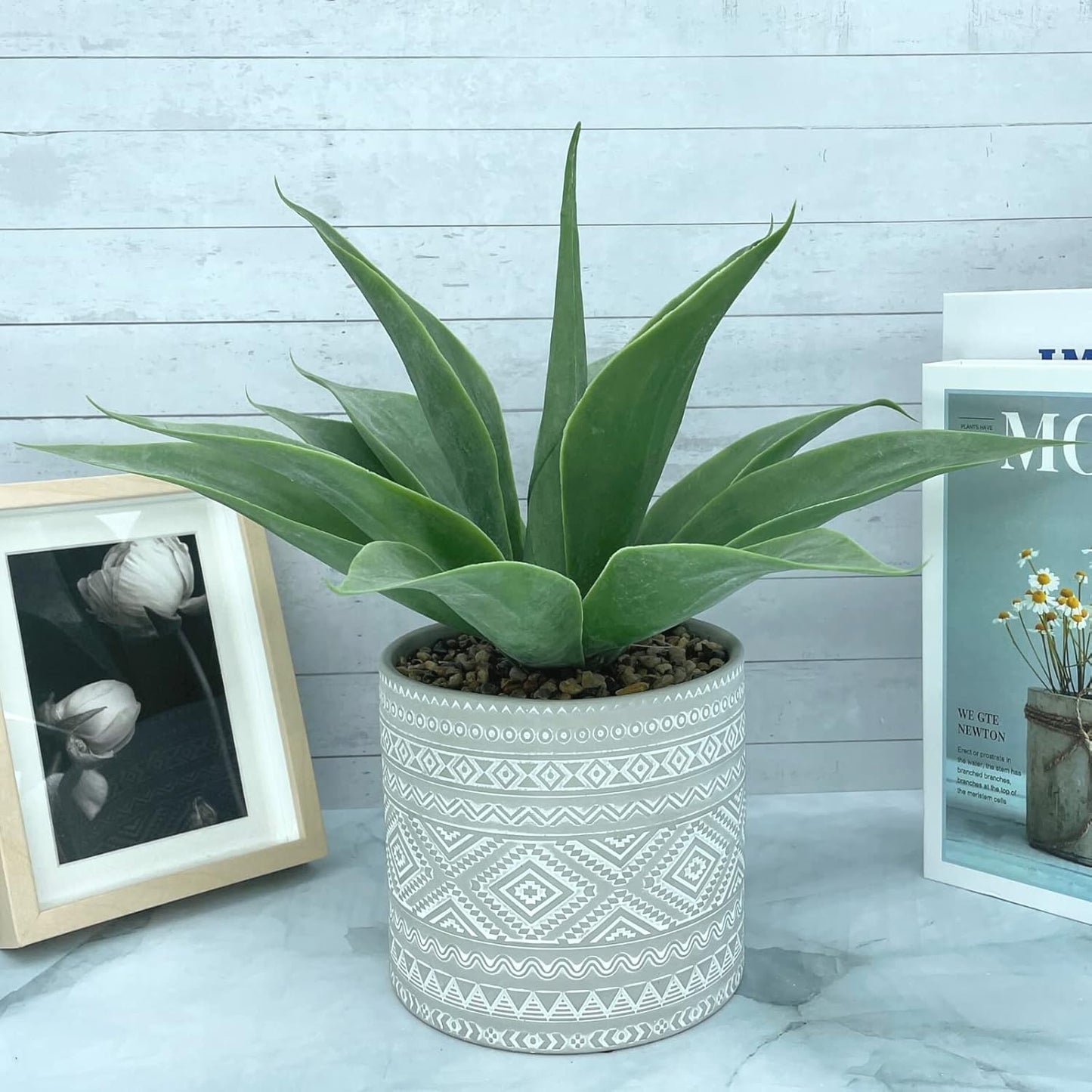 Artificial Potted Plants, 13.8" Artificial Succulent Fake Aloe, Large Faux Aloe Plant in Pot for Home Office Room Badroom Garden Decor (Grey)