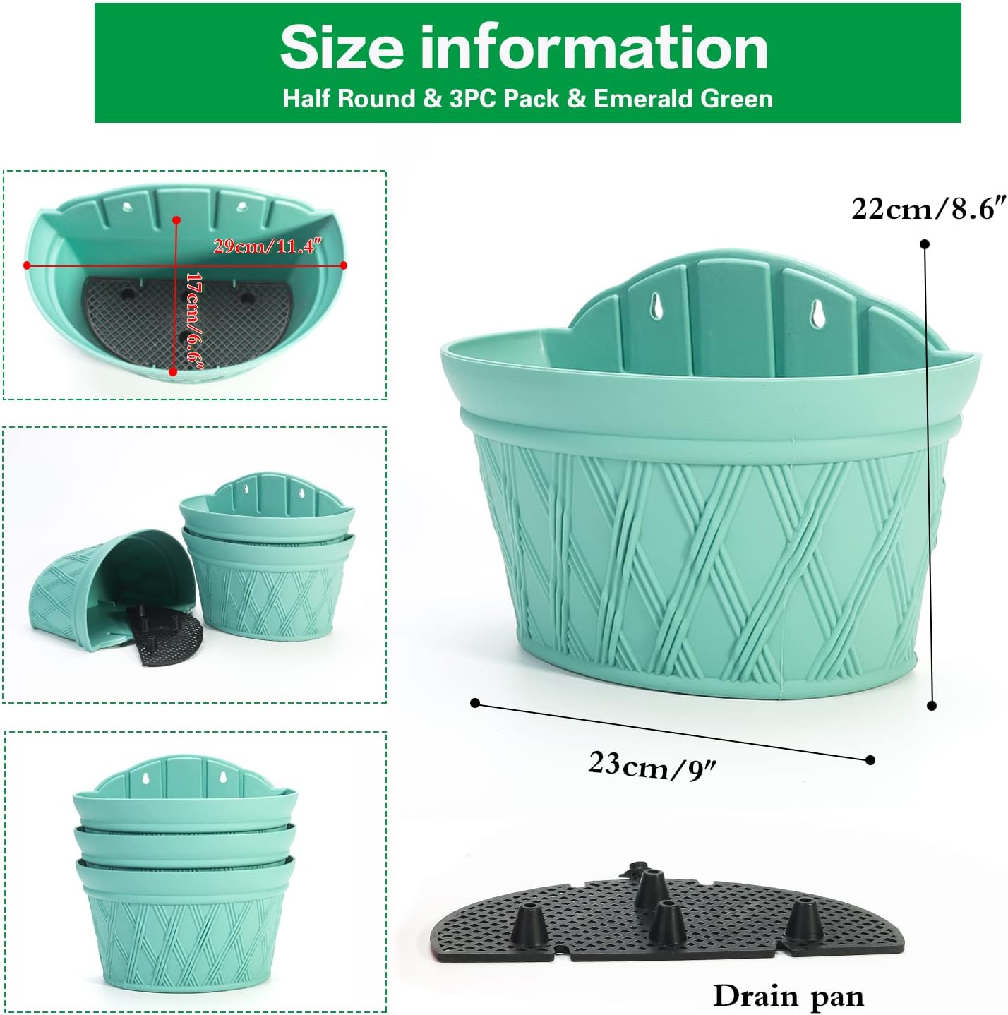 Sungmor Wall Hanging Planters,11.5 Inch Hanging Flower Pots for Railing Fence - Indoor Outdoor Balcony Wall Planter Hanging Basket, Plastic Pot Plant Container - Half Round & 3PC Pack & Green