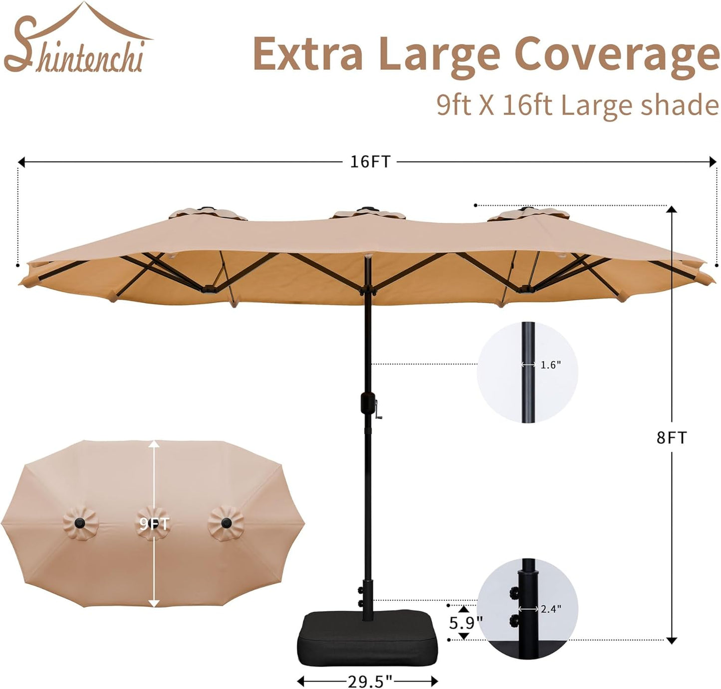 Shintenchi 16FT Large Patio Umbrella with Base, Outdoor Double-Sided Rectangular Umbrella, Market Umbrella with Crank Handle for Poolside Lawn Garden, Khaki