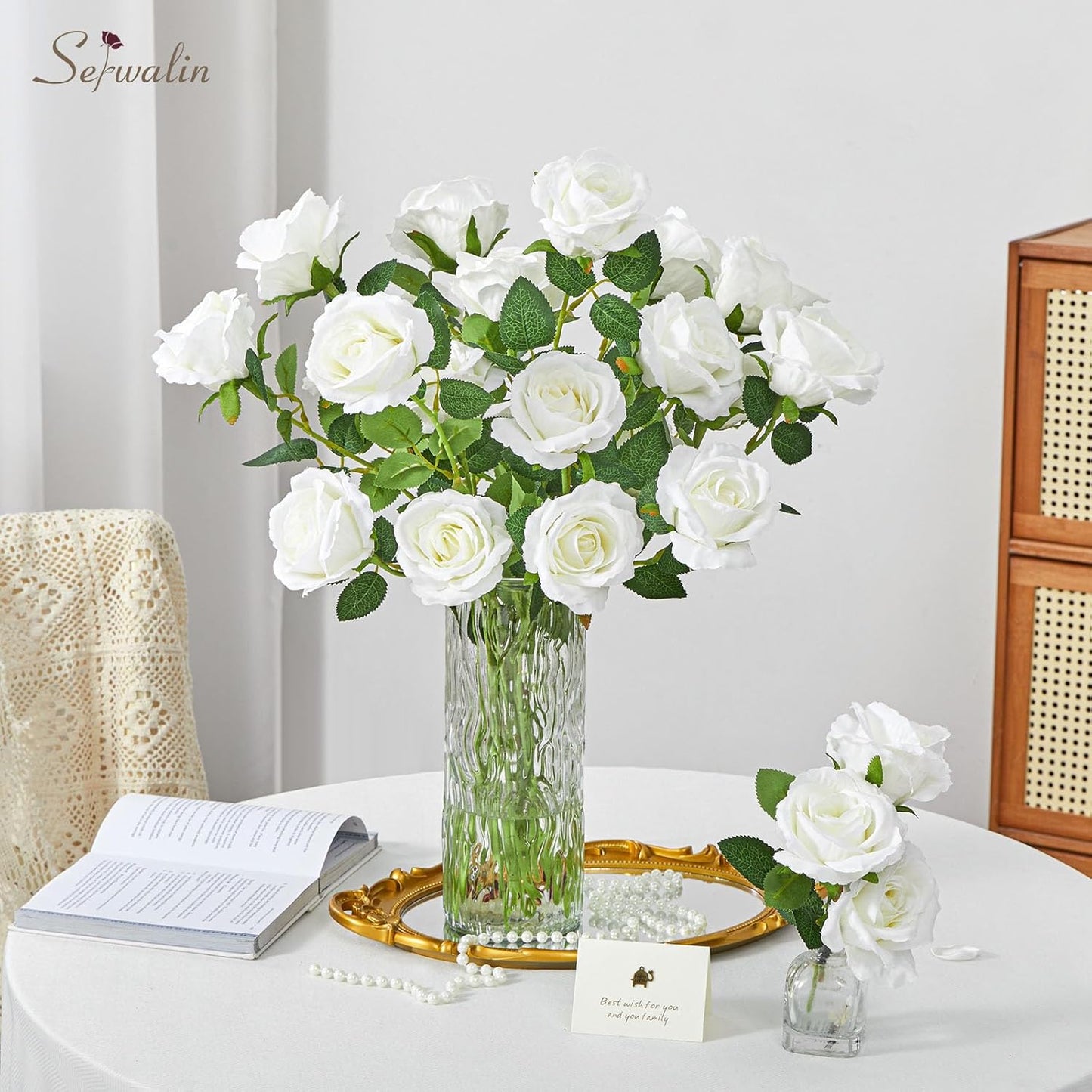 Serwalin 60 PCS White Roses Artificial Flowers, Ivory Fake Artificial Roses, Silk White Roses for Bridal Bouquet Wedding Centerpieces Table Arrangement Party Home Decor