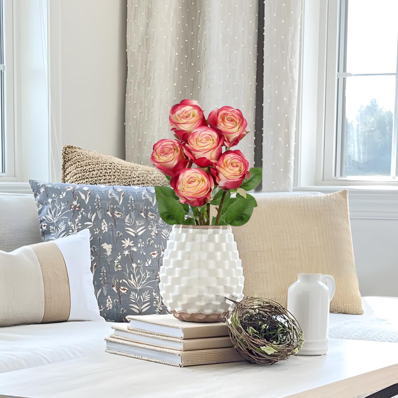 Briful Roses Artificial Flowers– 6PCS 18.9" White Red Rose Silk Flowers with Long Stems Realistic Fake Rose Bouquet for DIY Wedding Arrangements Table Vase Centerpieces Home Event Decor