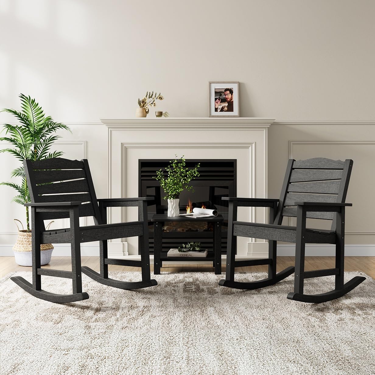 Patio Rocking Chairs Set of 2, Weatherproof HIPS Outdoor Rocking Chair for Adults, 400LBS Support Heavy Duty Porch Rocking Chairs for Garden, Lawn, Backyard, Outdoor and Indoor (Black)