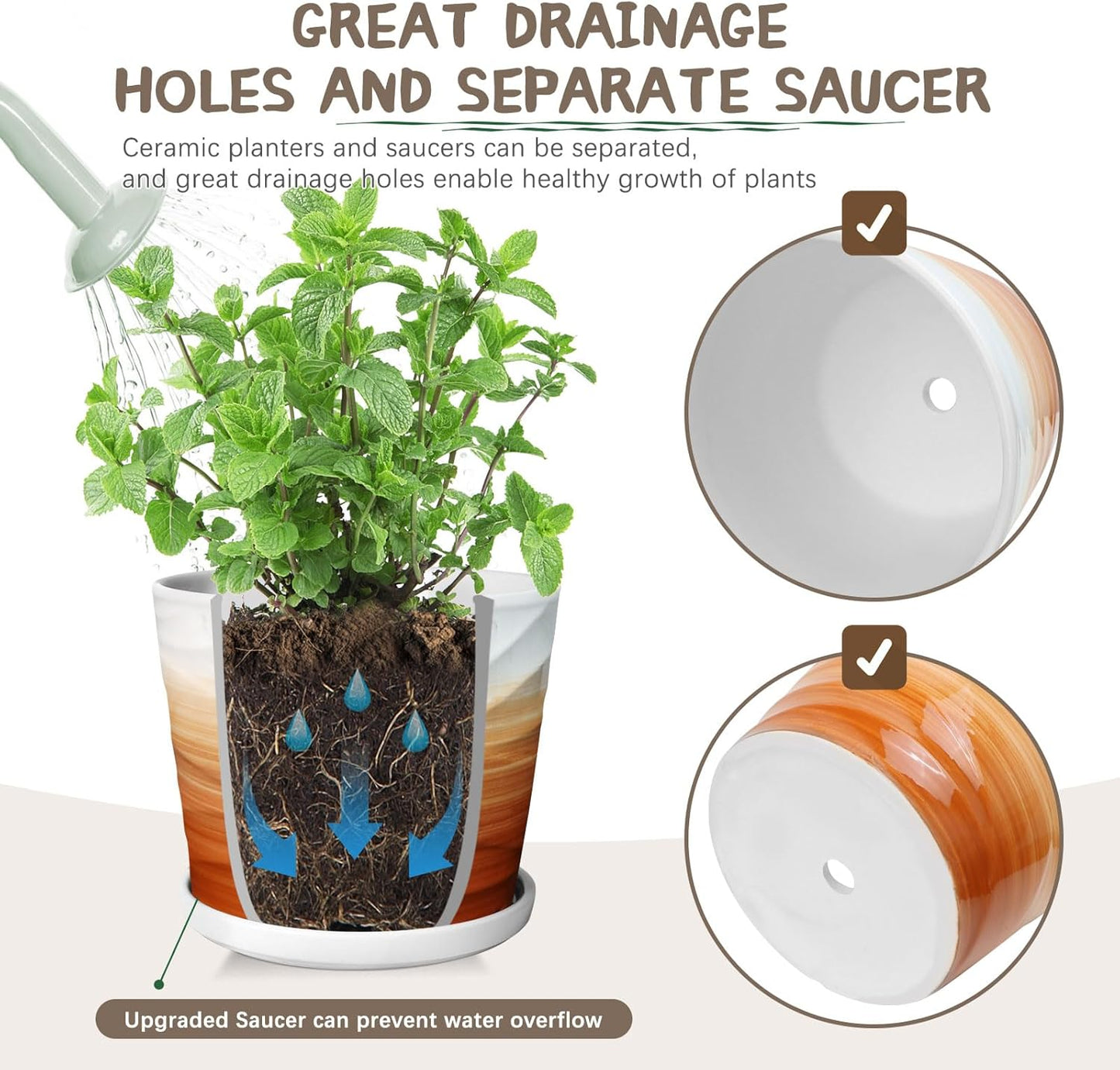 8 Inch Plant Pot, Ceramic Planter with Drainage and Saucer, Ceramic Pots for Plants, Indoor Plant pots, Flower pots,Modern Planter(Khaki + White)