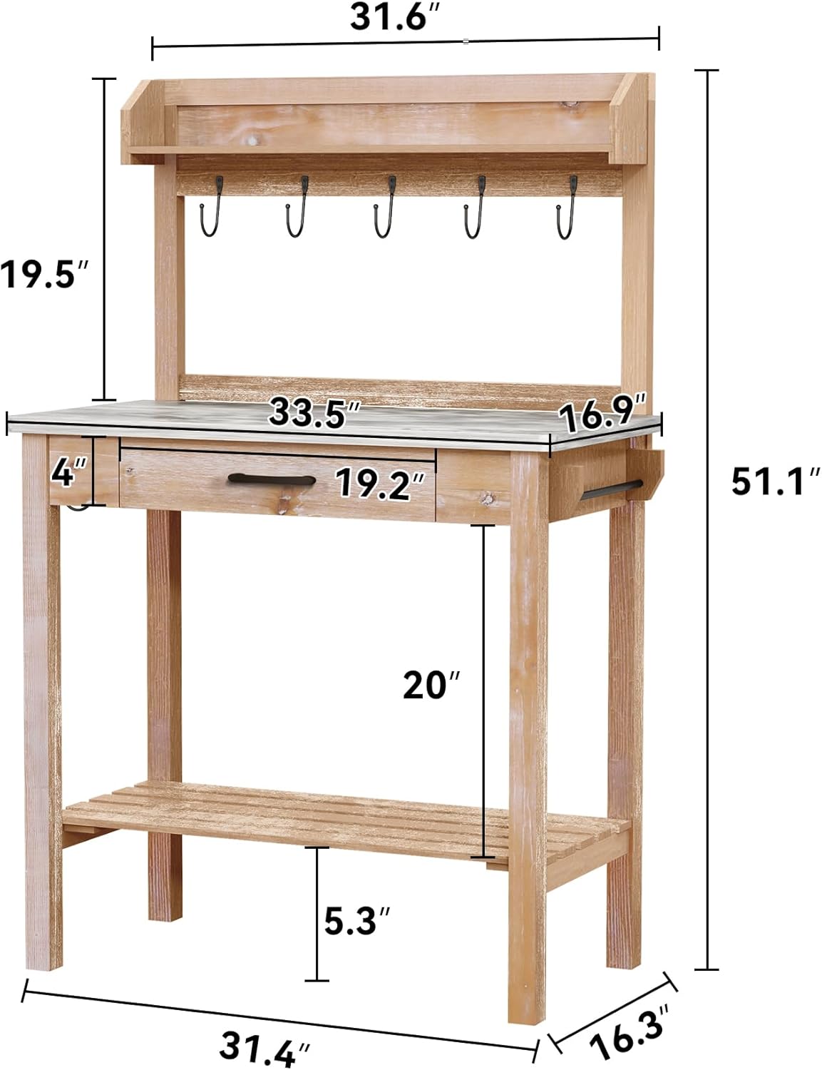 Outdoor Potting Bench Table with Metal Tabletop, Planting Table Potting Work Station with Storage Drawer and Removable Shelf Rack, Garden Potting Table for Outdoors