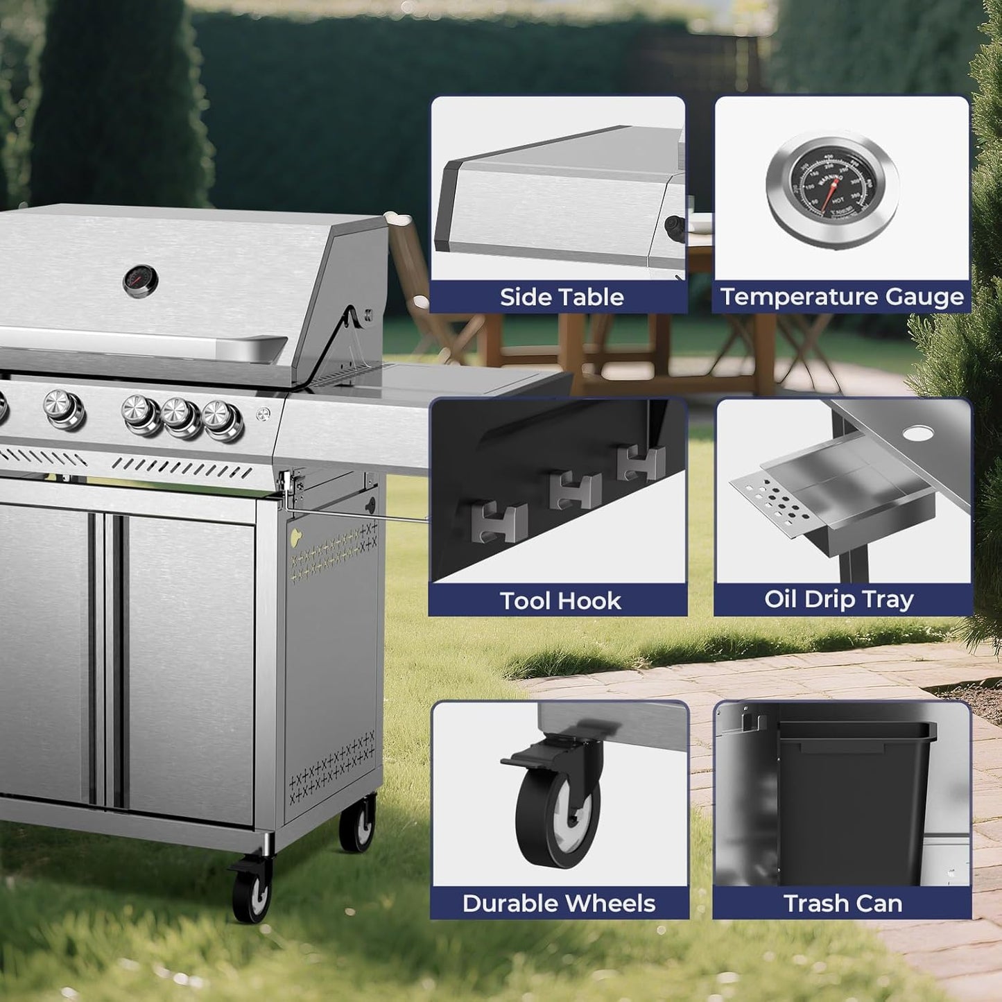 R.W.FLAME 4 Burner Gas Grill, 42,000 BTU Propane Grill, Outdoor Grills with Side Burner, Outdoor Barbecues with Stainless Steel Mesh and Plates, for Camping, Backyard, Patio and Deck