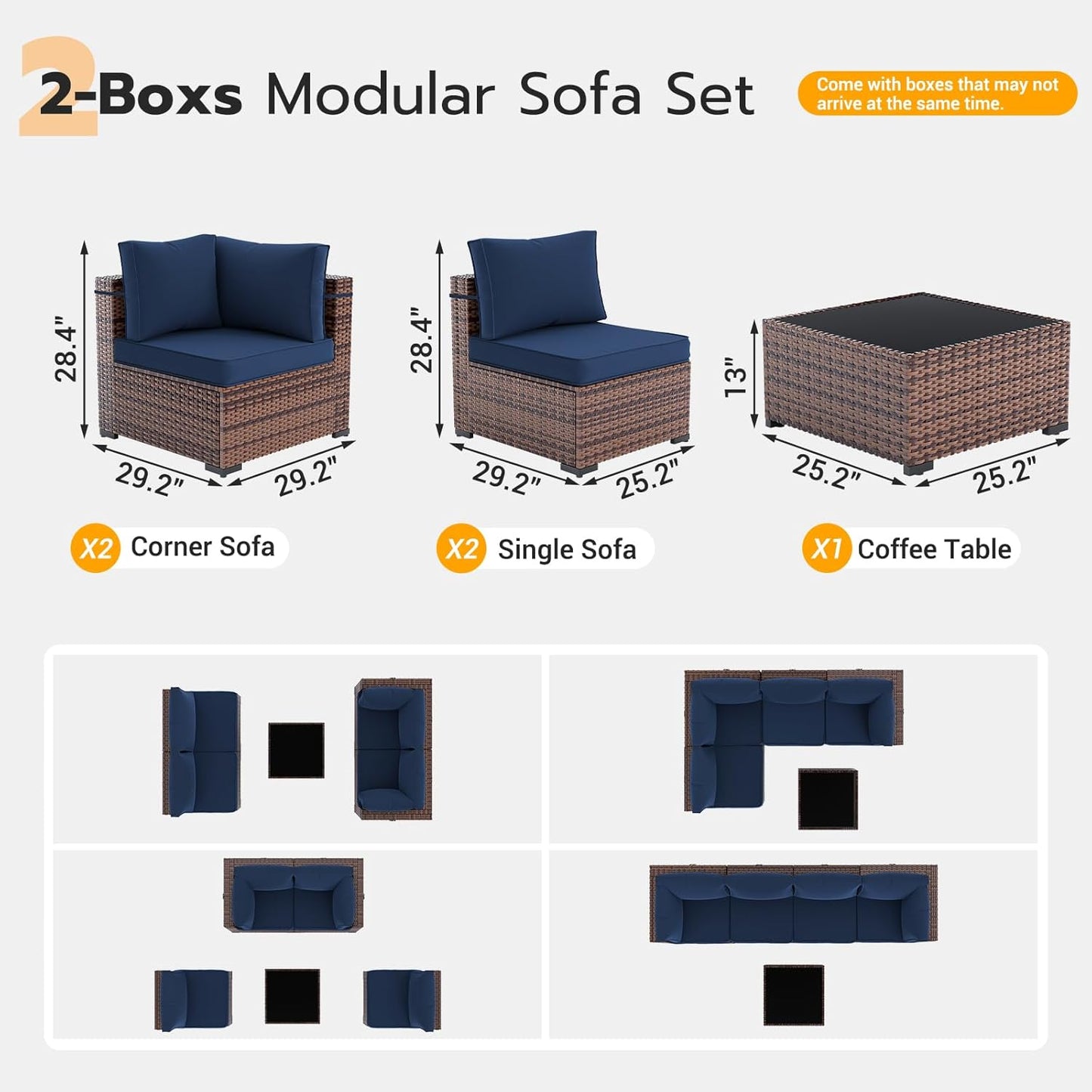 UDPATIO Patio Furniture Set, 5 Piece Outdoor Sectional Modular Sofa with 4'' Thickened Cushions, Wicker Outdoor Furniture Conversation Sets with Waterproof Cover for Deck Backyard(Brown/Navy Blue)