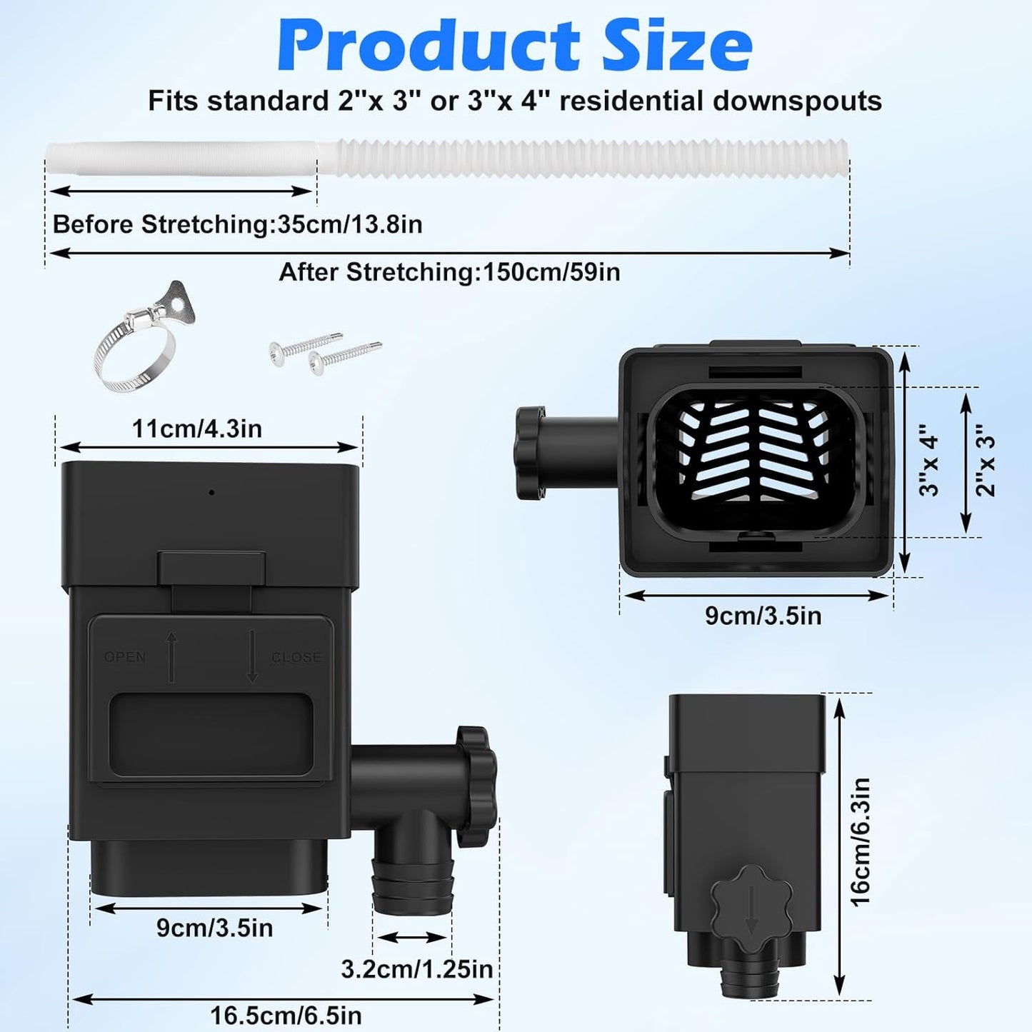 WADEO Rainwater Collection System, Downspout Diverter Fits for 2"x 3" or 3"x 4" Residential Downspouts, Rain Barrel Diverter Kit with Adjustable Valve and Filter, 5FT Hose, Black