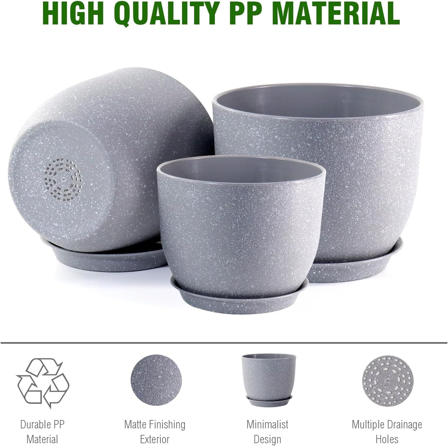 Modern Plant Pots Set, 9/8/7.5 inch Plastic Planters for Indoor Plants, Stylish Flower Pots with Drainage Holes and Saucers for House Plants and Flowers, Grey Speckles